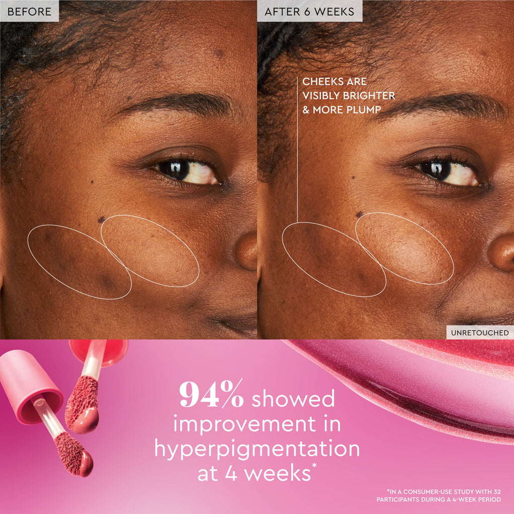 An earlier before-and-after shoot compares bare skin to cheeks tinted with Berry Flush.