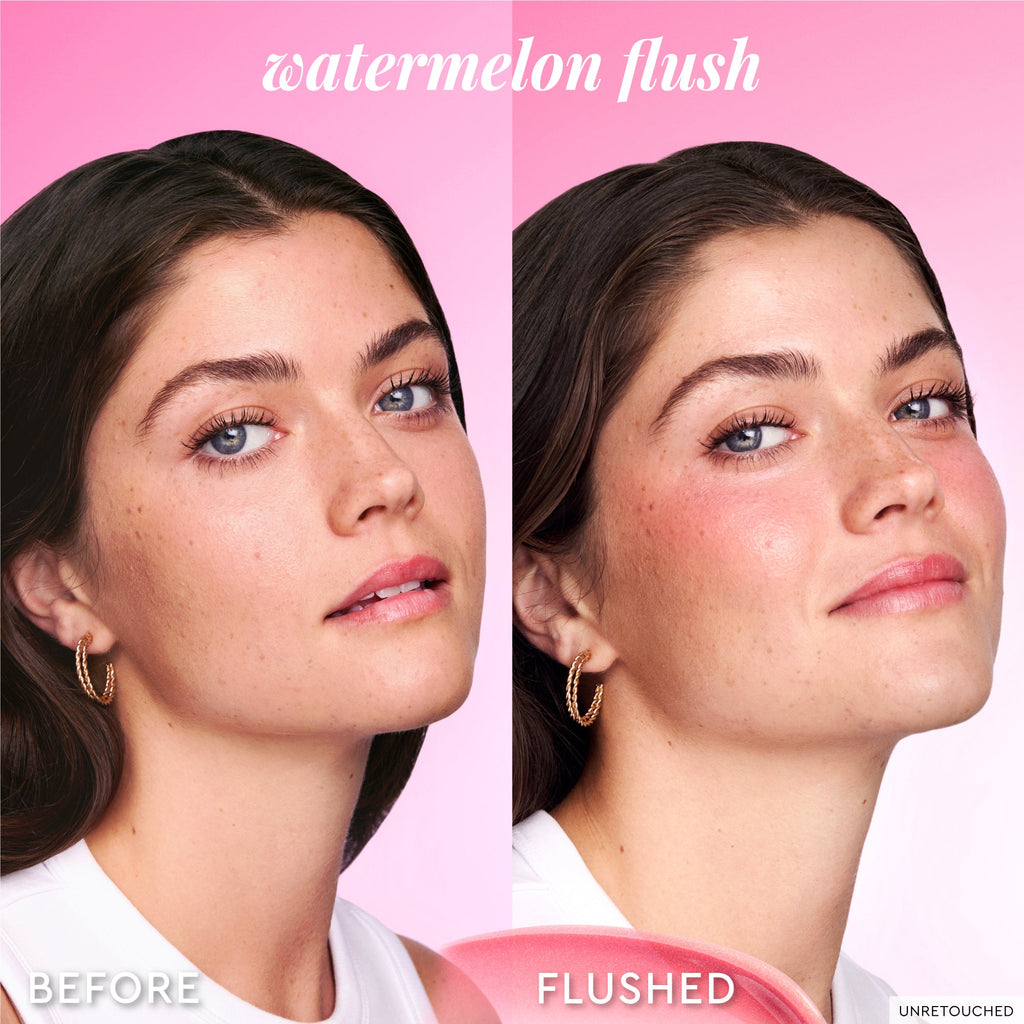Glow Recipe Korean Glow Ritual Kit before-and-after slide for the Watermelon Glow Niacinamide Dewy Flush cheek tint