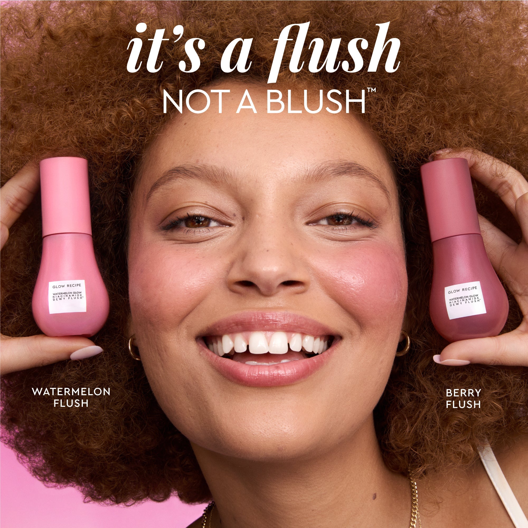 A before-and-after image shows bare cheeks warmed by a single sheer layer of Watermelon Flush.