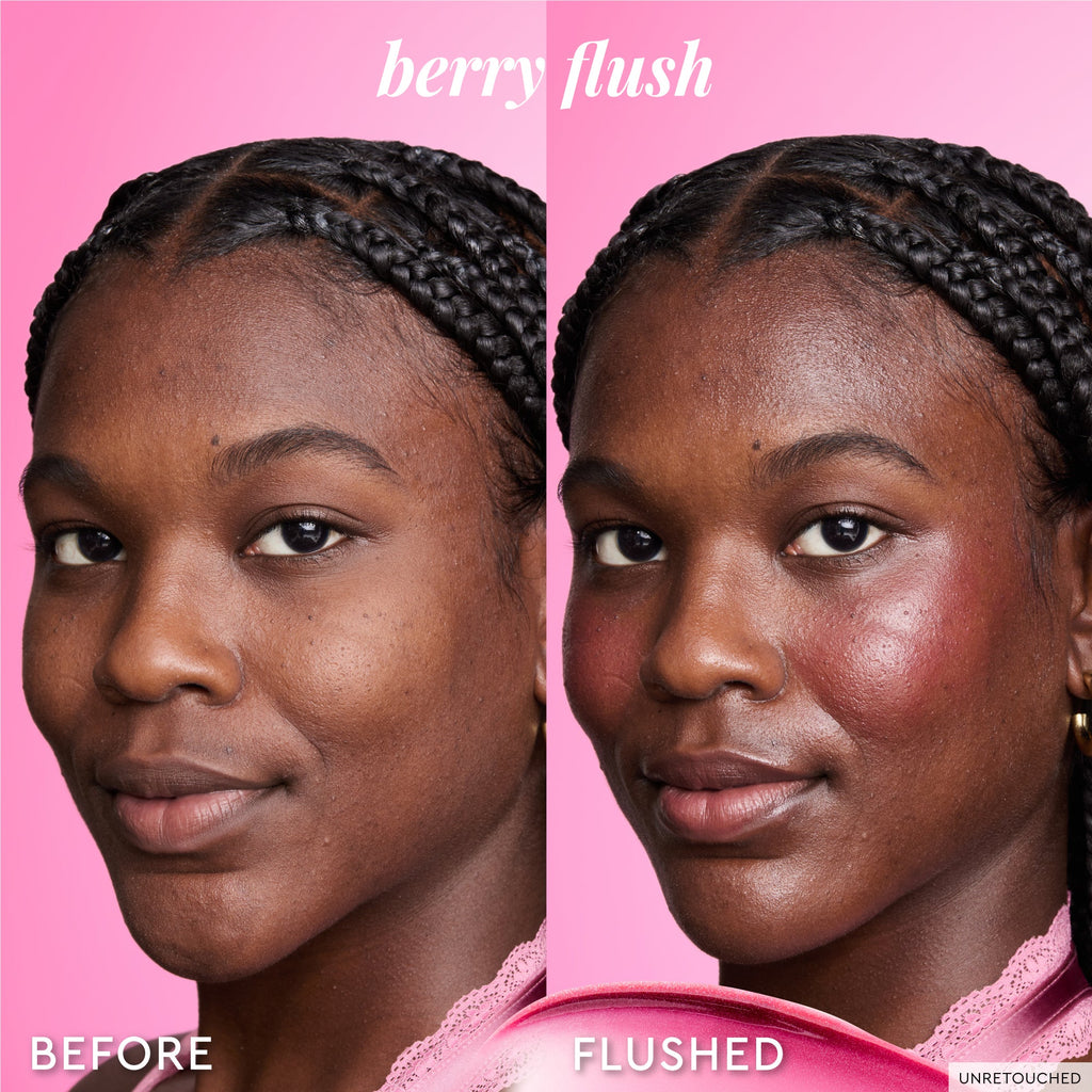 A fifth before-and-after frame highlights the natural dewy finish Berry Flush leaves on cheeks.