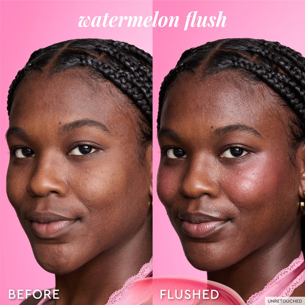 A sixth before-and-after frame highlights the natural dewy finish Watermelon Flush leaves on cheeks.