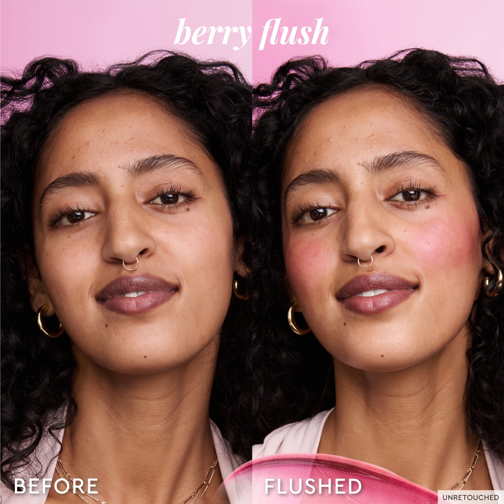 A separate before-and-after close-up shows Berry Flush blending seamlessly into cheek skin.