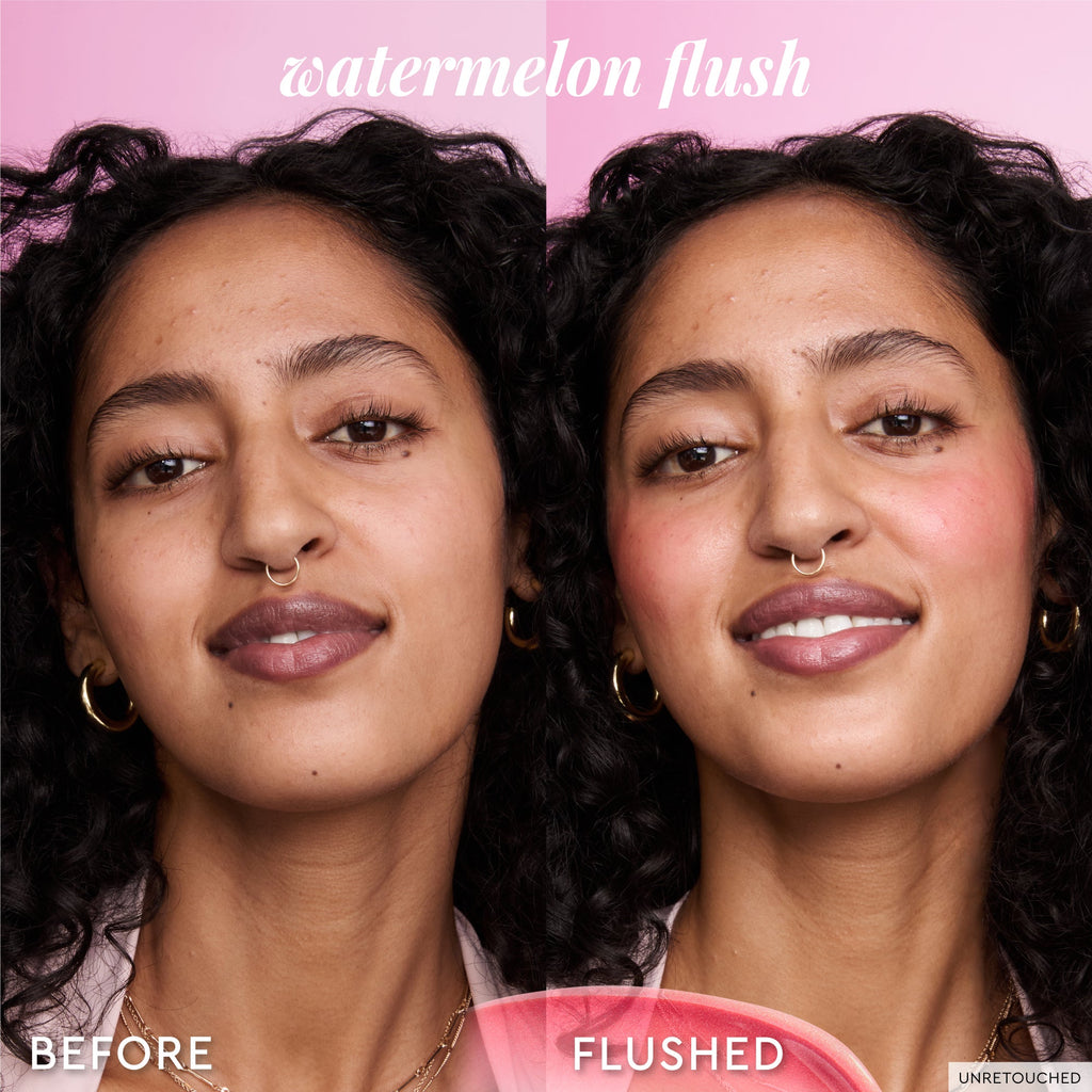 A separate before-and-after close-up shows Watermelon Flush blending seamlessly into cheek skin.