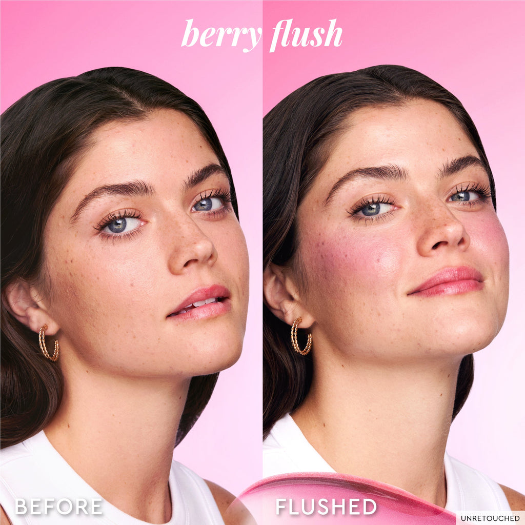A ninth before-and-after frame shows how Berry Flush builds from sheer to a warm plum flush.