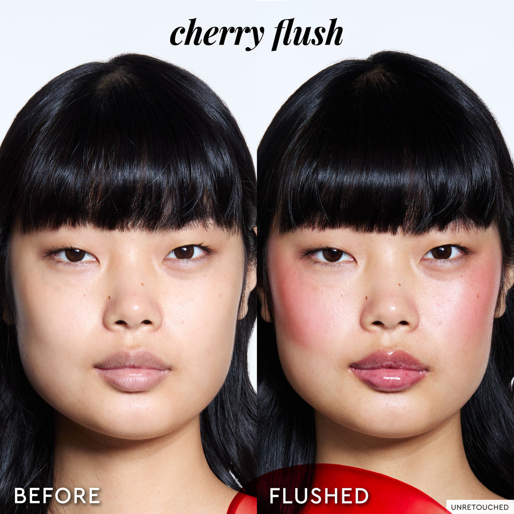 Close-up before-and-after cheeks demonstrate how sheer Cherry Flush blends into skin with a single swipe.