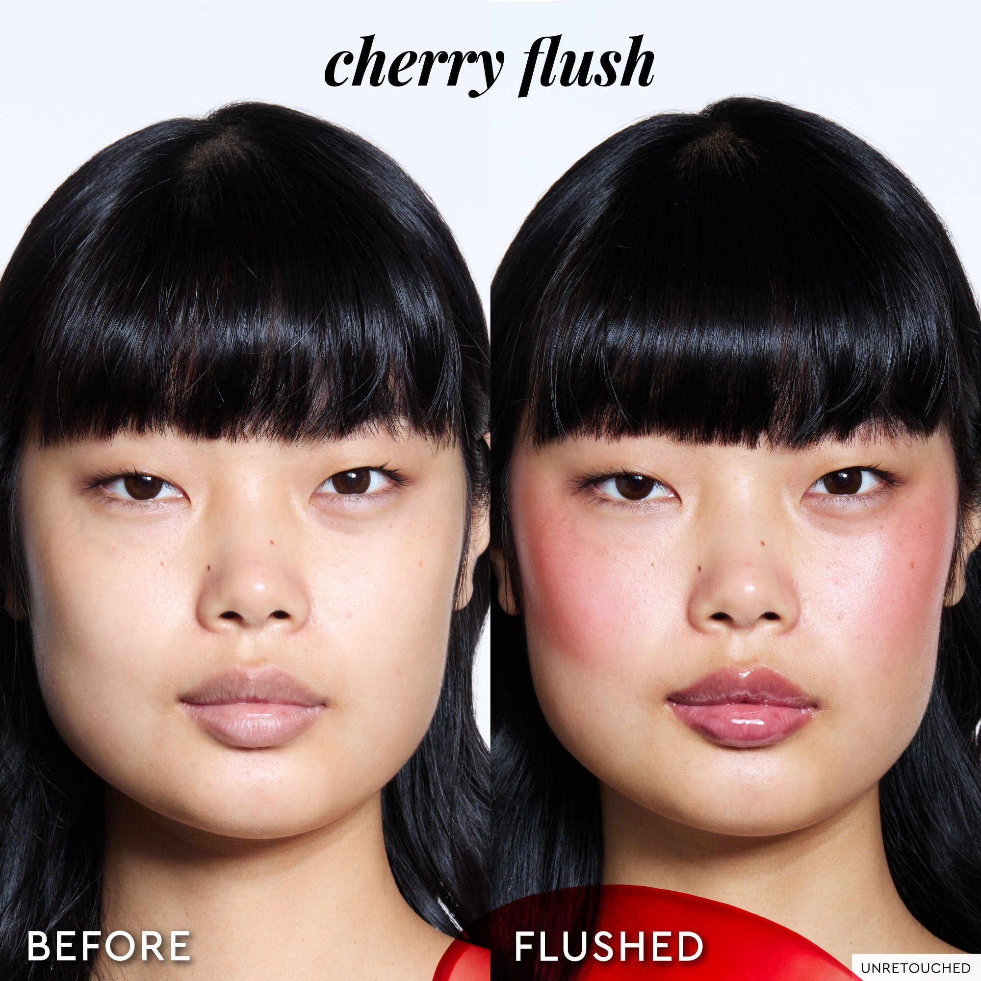 Close-up before-and-after cheeks demonstrate how sheer Cherry Flush blends into skin with a single swipe.