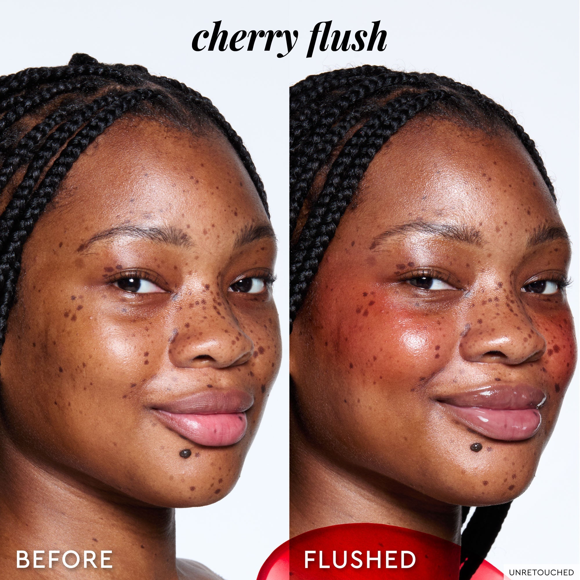 A second before-and-after angle shows Cherry Flush deepening slightly with a buildable second layer.