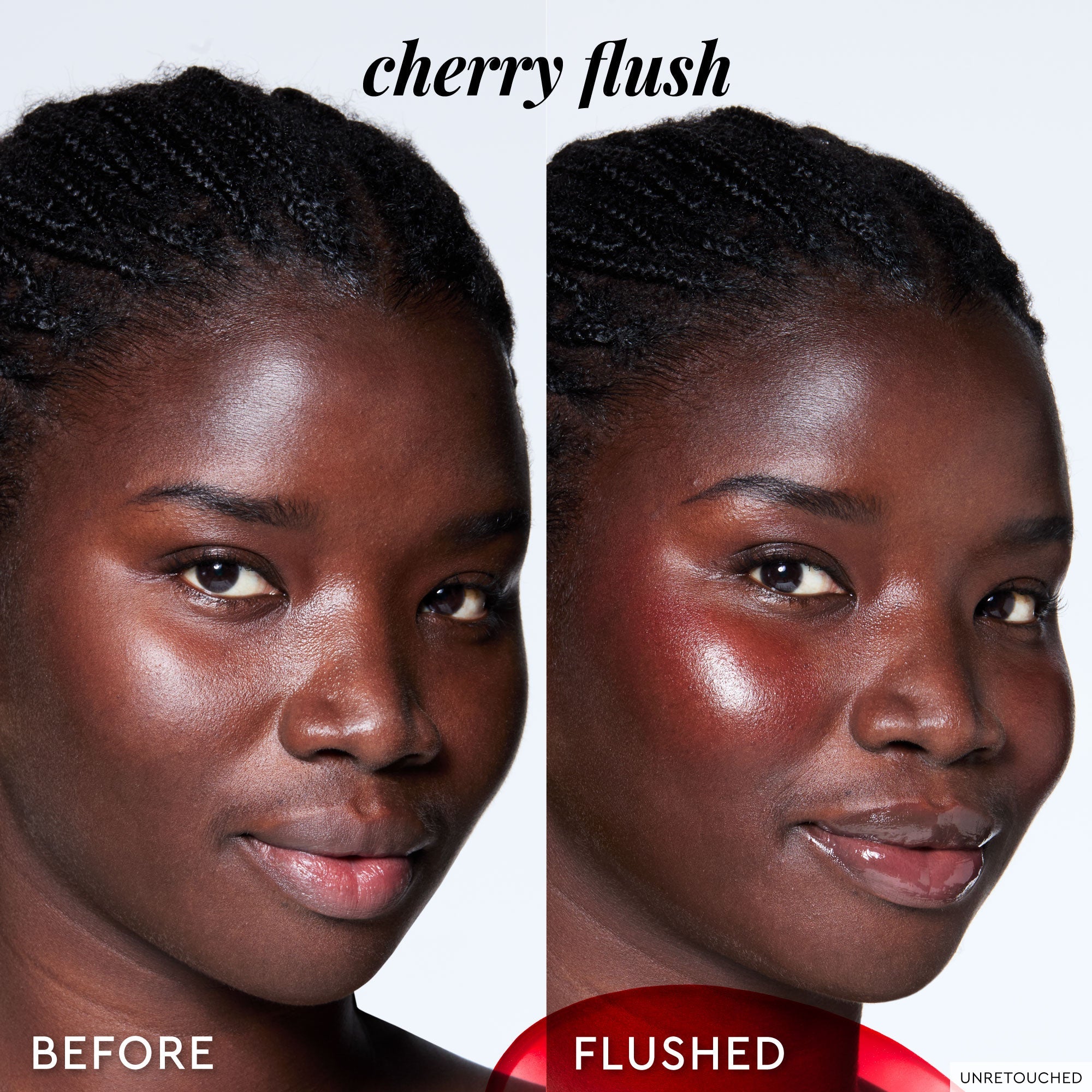 Before-and-after skin comparison using the Cherry Dewy Flush tint from the Strawberry + Cherry Lip & Cheek Kit.
