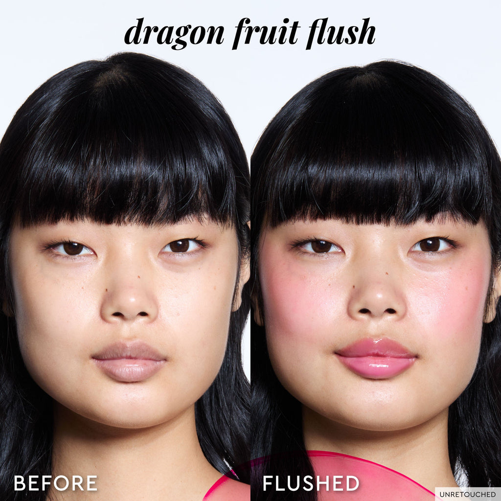 A before-and-after split shows bare cheeks transformed by one layer of sheer Dragon Fruit Flush tint.