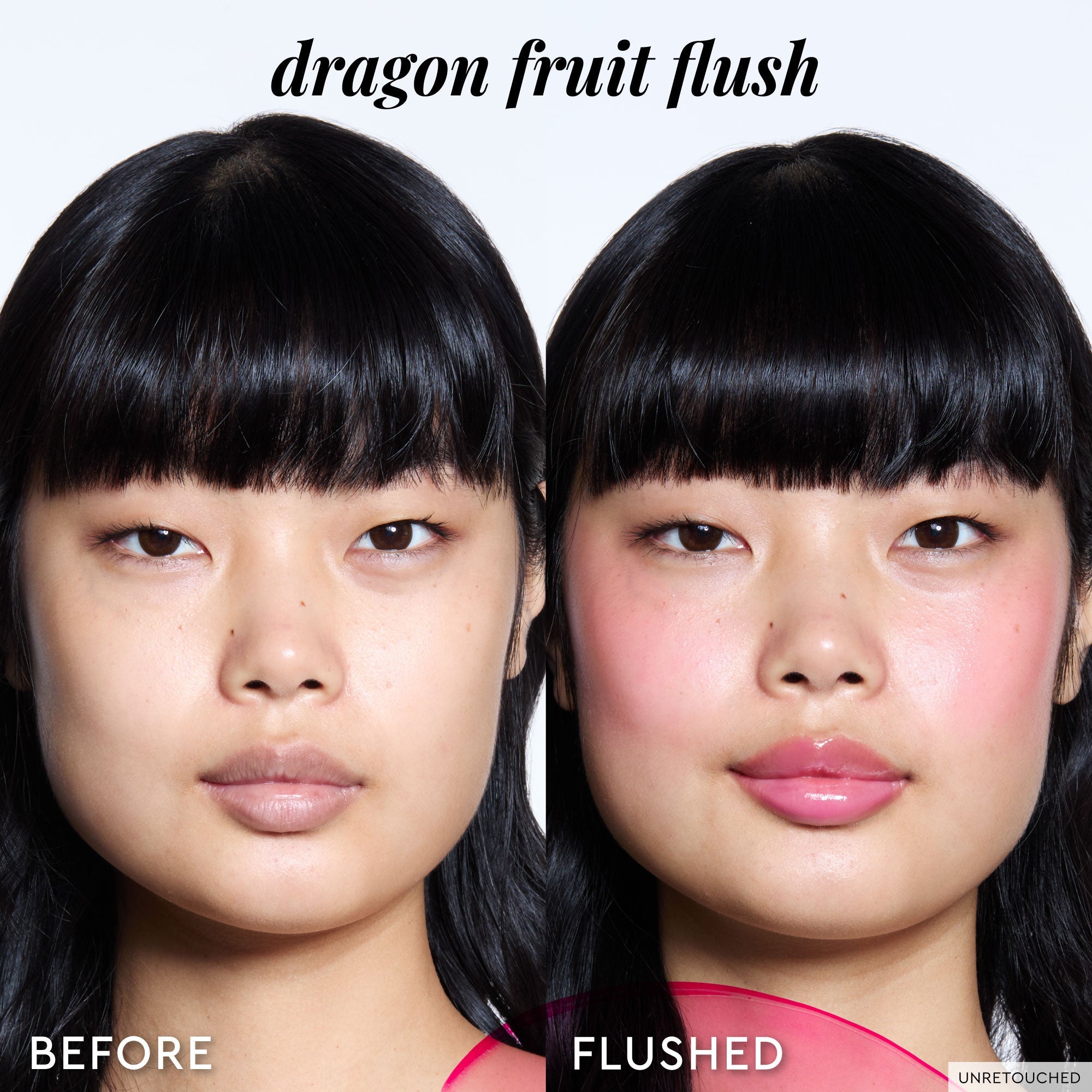 A before-and-after split shows bare cheeks transformed by one layer of sheer Dragon Fruit Flush tint.