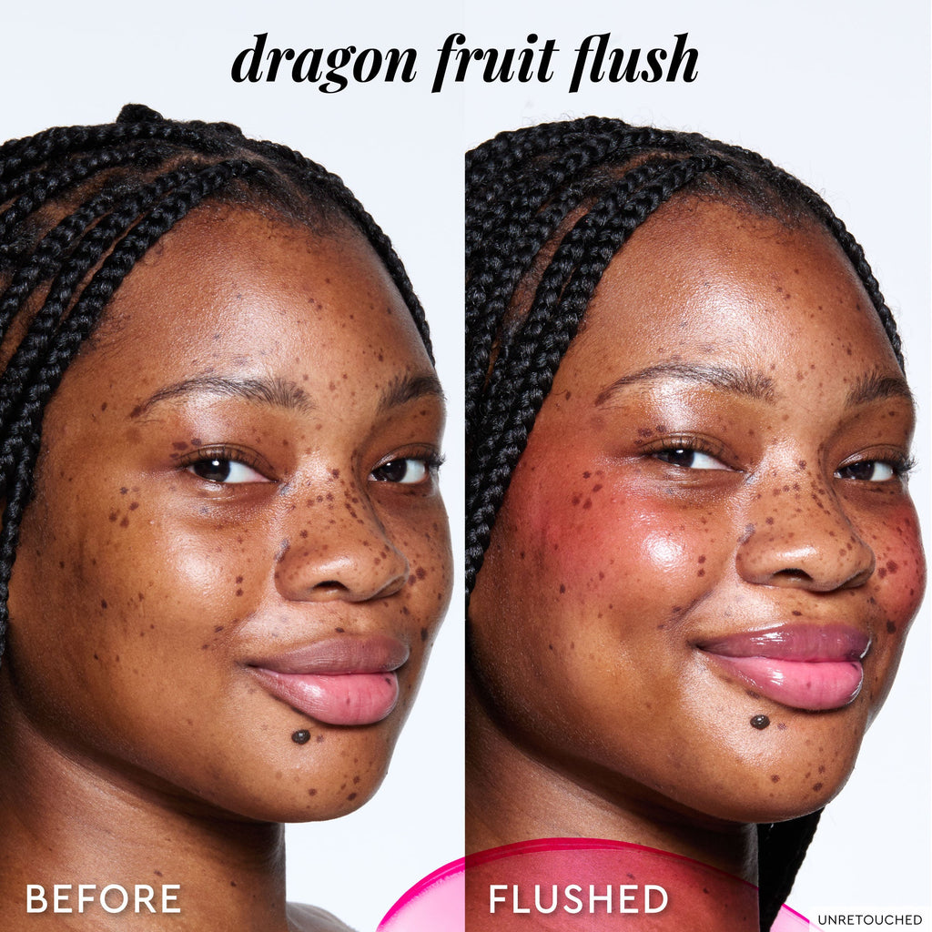 A second before-and-after angle shows Dragon Fruit Flush layering into a deeper buildable pink.