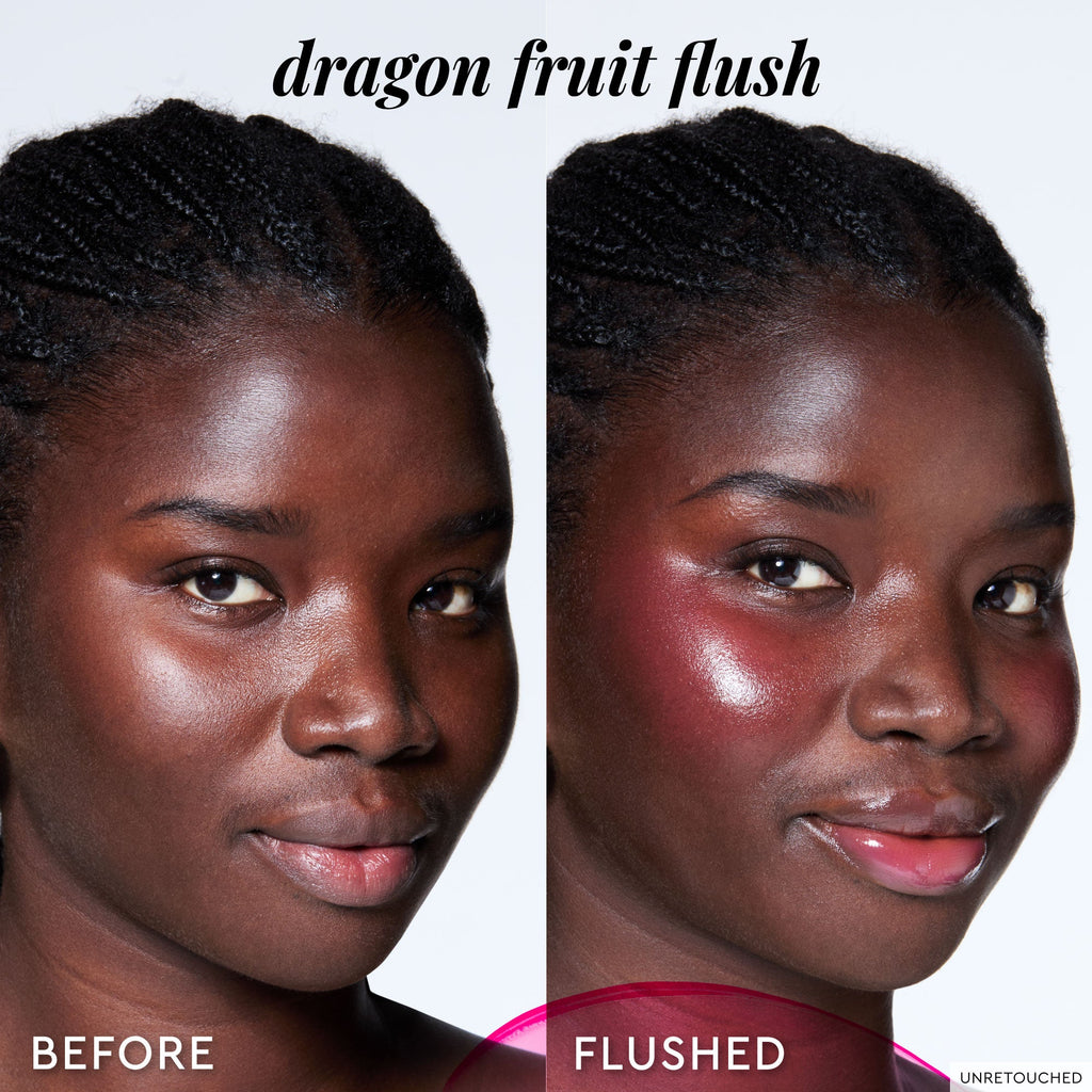 A third before-and-after close-up demonstrates how sheer Dragon Fruit Flush blends evenly into skin.