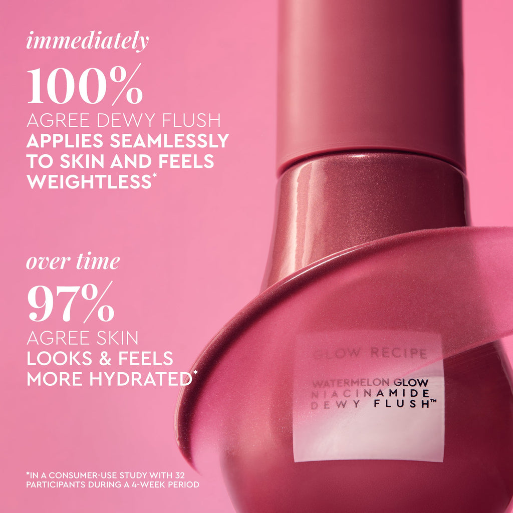 A product infographic shows Watermelon Flush's soft pink hue and how it melts into skin.