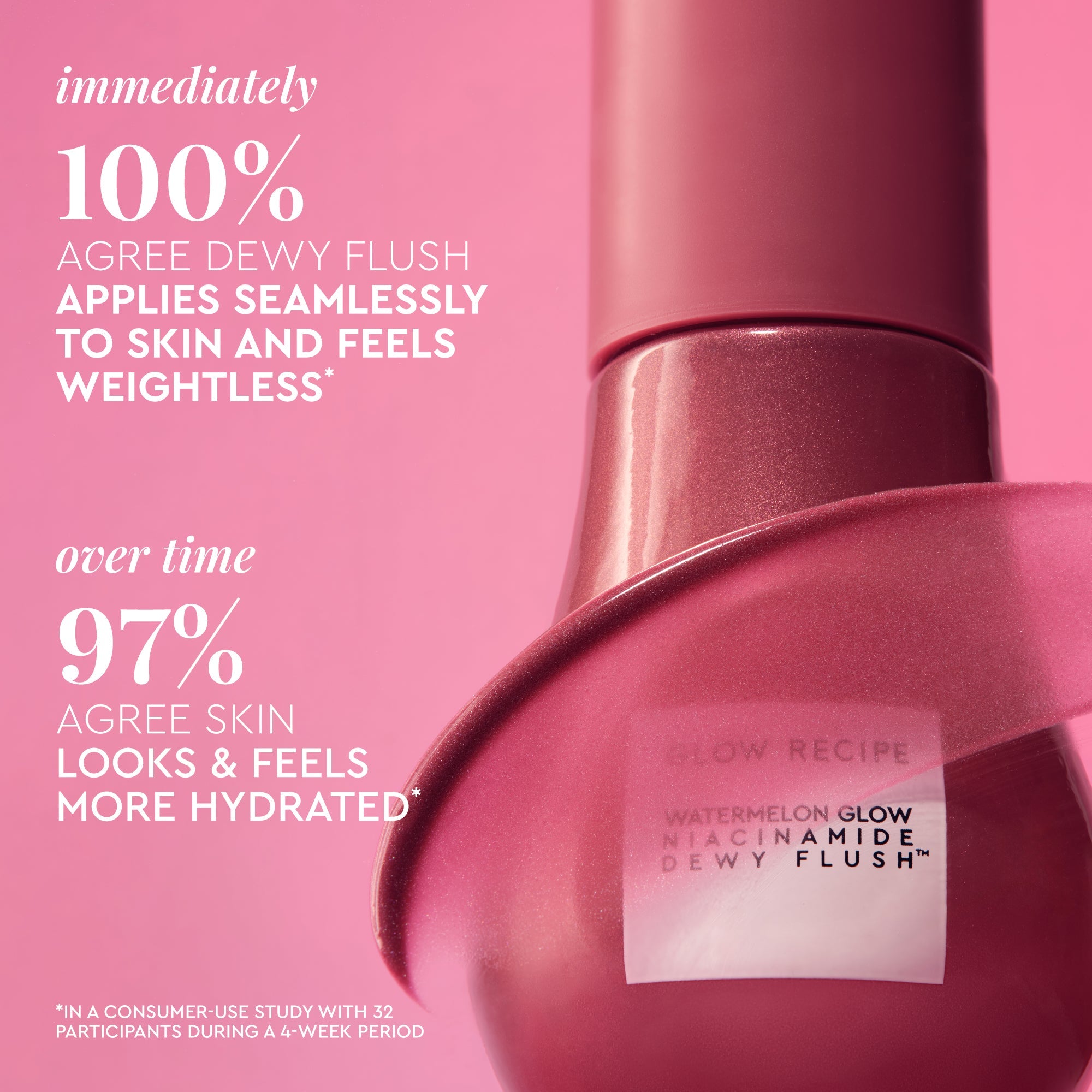 A product infographic shows Watermelon Flush's soft pink hue and how it melts into skin.