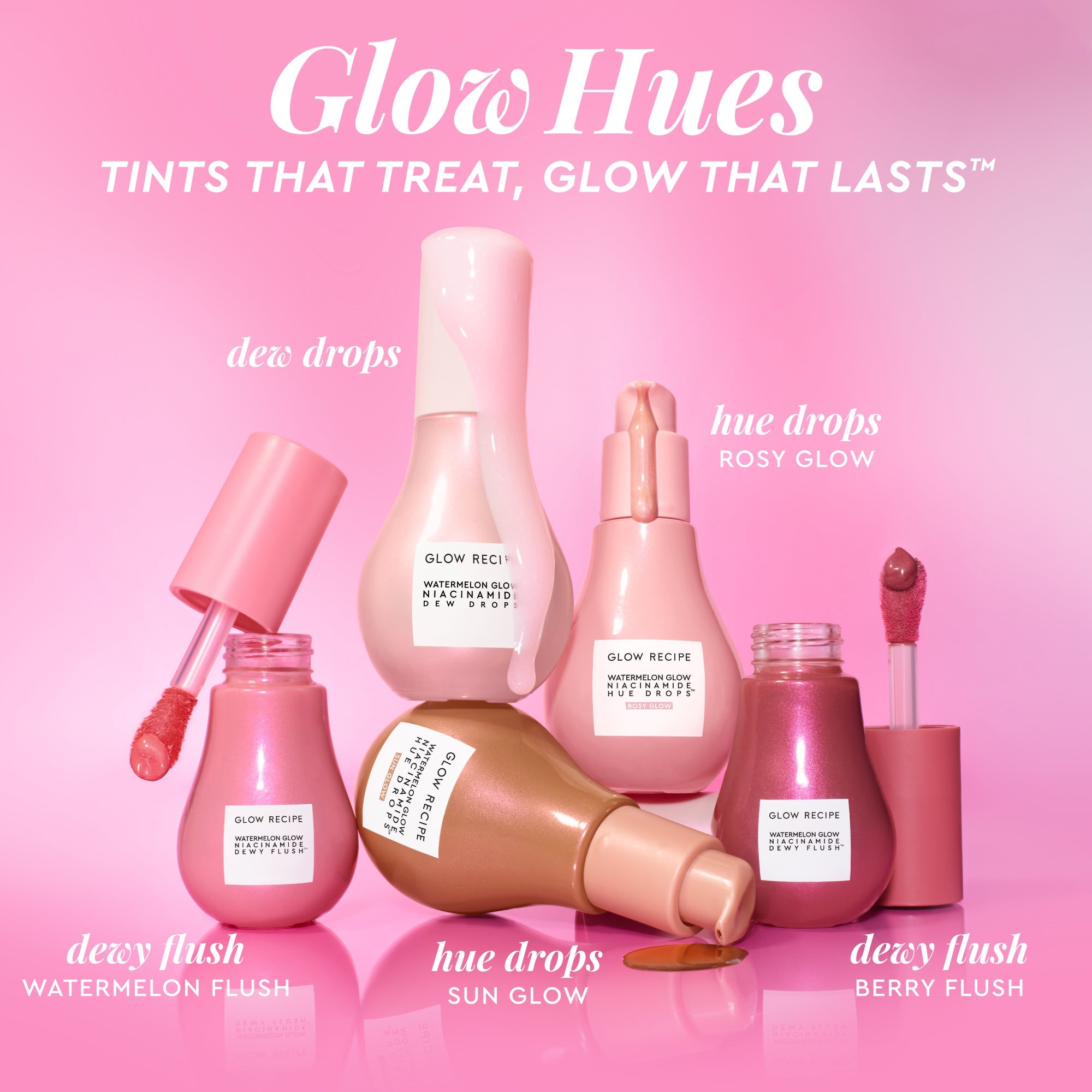 Infographic cross-promoting Glow Recipe's Dewy Flush alongside Watermelon Glow Niacinamide Hue Drops.