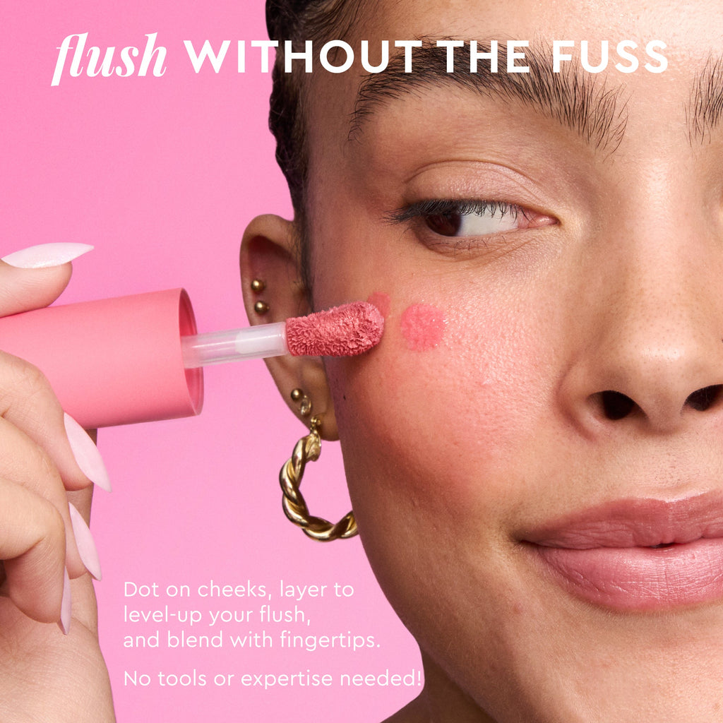 An infographic details Watermelon Flush's dewy finish alongside the product bottle shot.