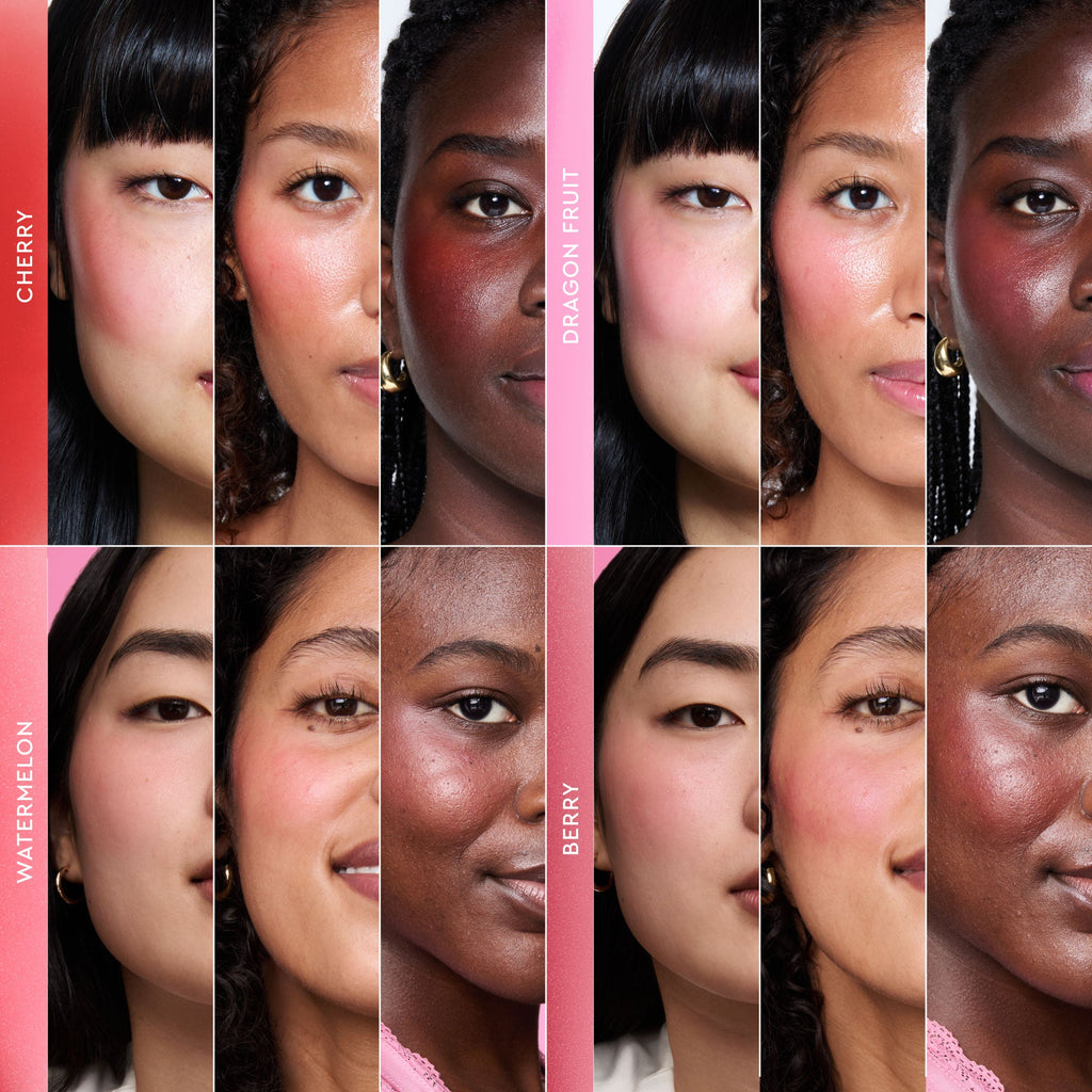 Shade grid showing all four Watermelon Glow Niacinamide Dewy Flush tints: Cherry, Dragon Fruit, Watermelon, and Berry Flush.