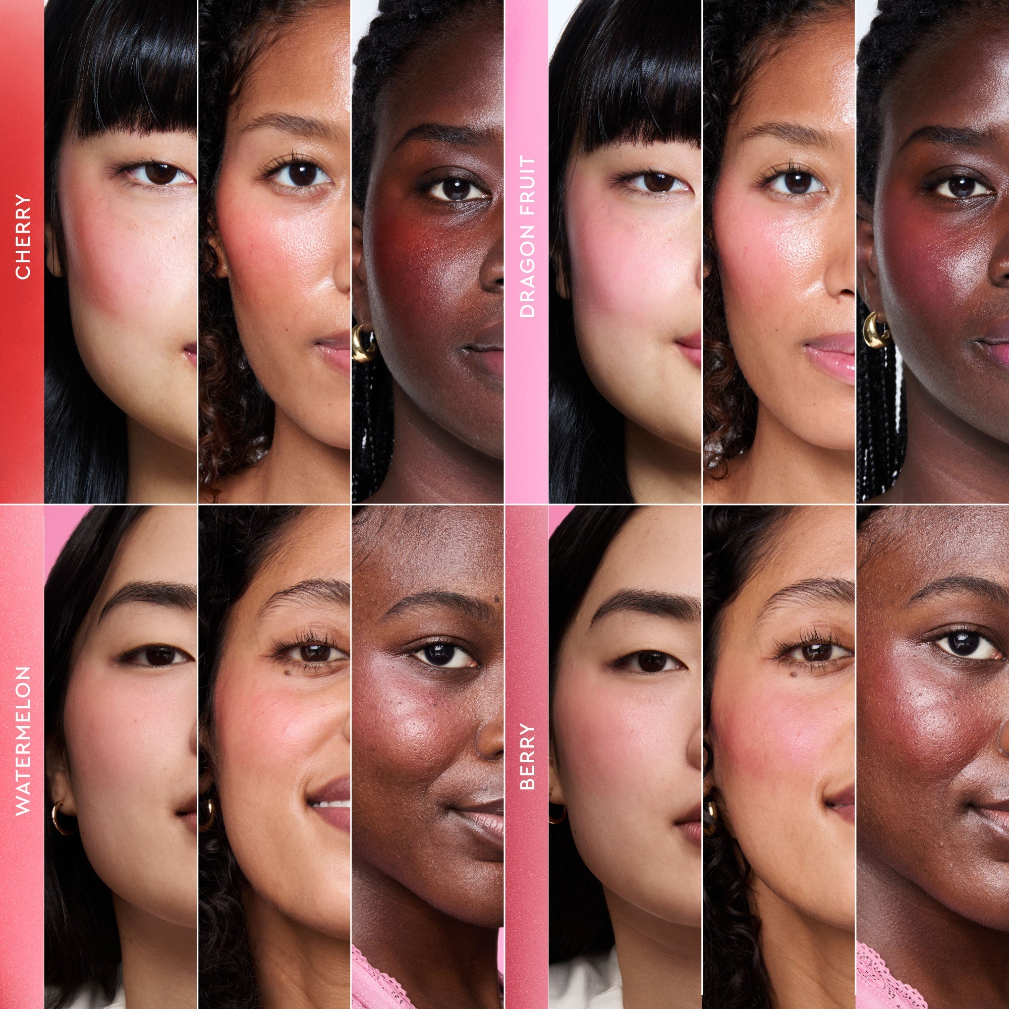 Shade grid showing all four Watermelon Glow Niacinamide Dewy Flush tints: Cherry, Dragon Fruit, Watermelon, and Berry Flush.