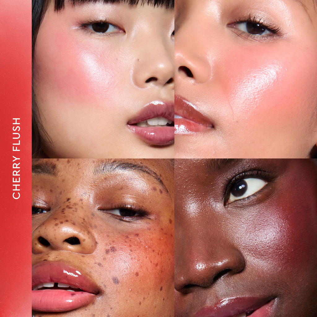 Cherry Flush appears as a swatch chip within a grid comparing all four Dewy Flush shades side by side.
