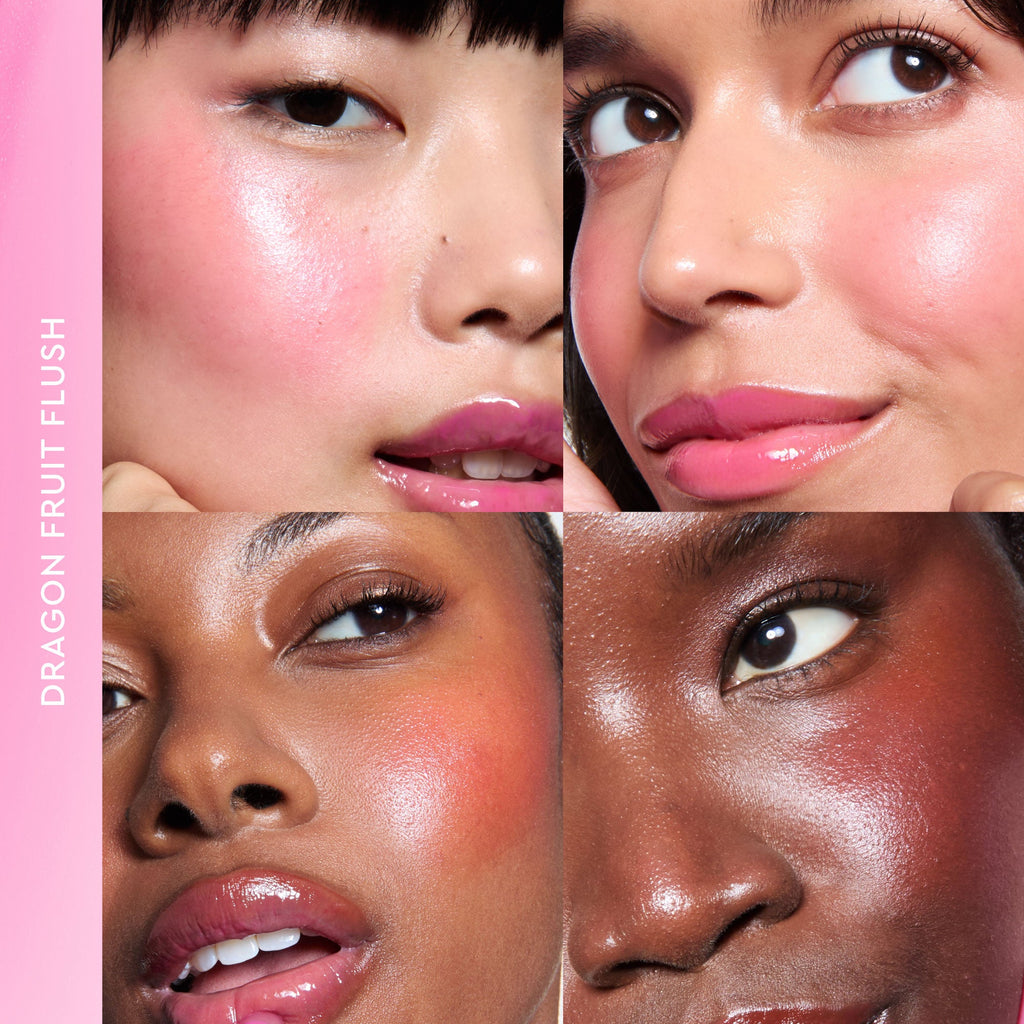 Dragon Fruit Flush appears as a swatch chip within a grid comparing all four Dewy Flush shades side by side.