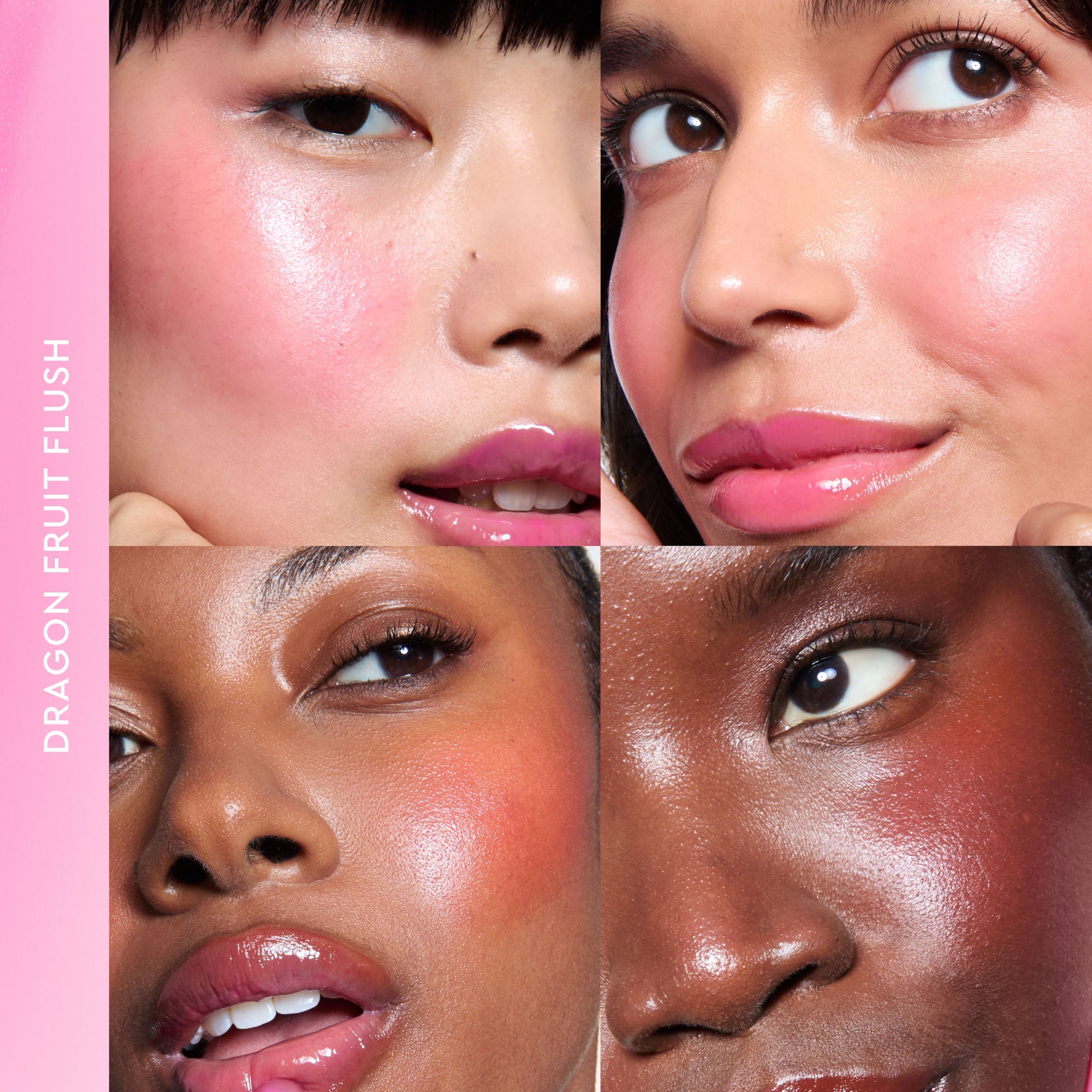 Dragon Fruit Flush appears as a swatch chip within a grid comparing all four Dewy Flush shades side by side.
