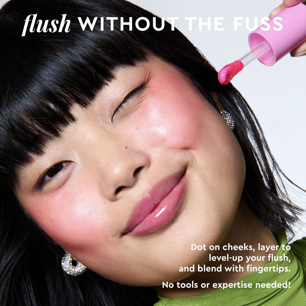 An educational graphic walks through how to apply and build up Dragon Fruit Flush for a bright sheer flush.