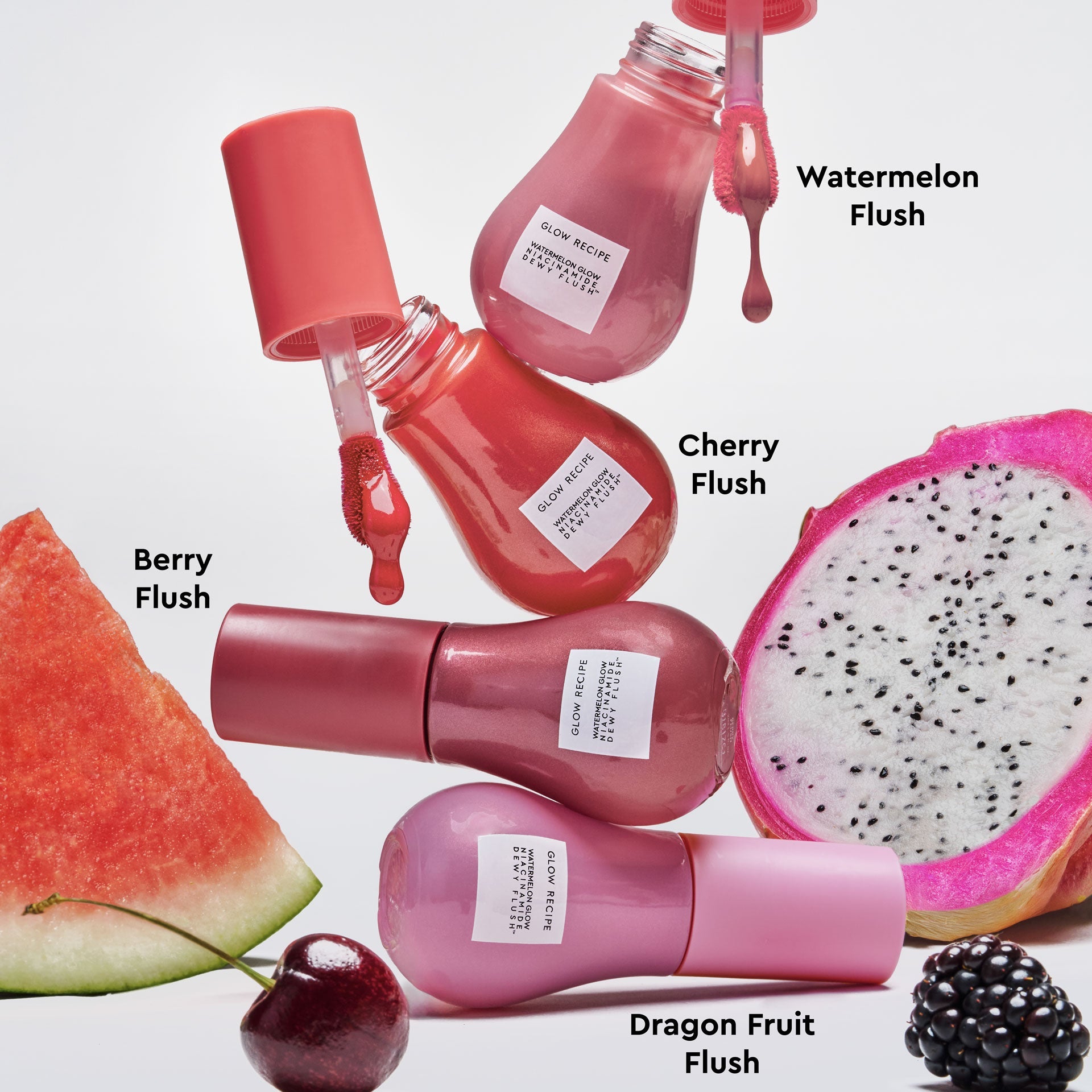 Full assortment of Watermelon Glow Niacinamide Dewy Flush shades lined up together, from Cherry Flush to Berry Flush.