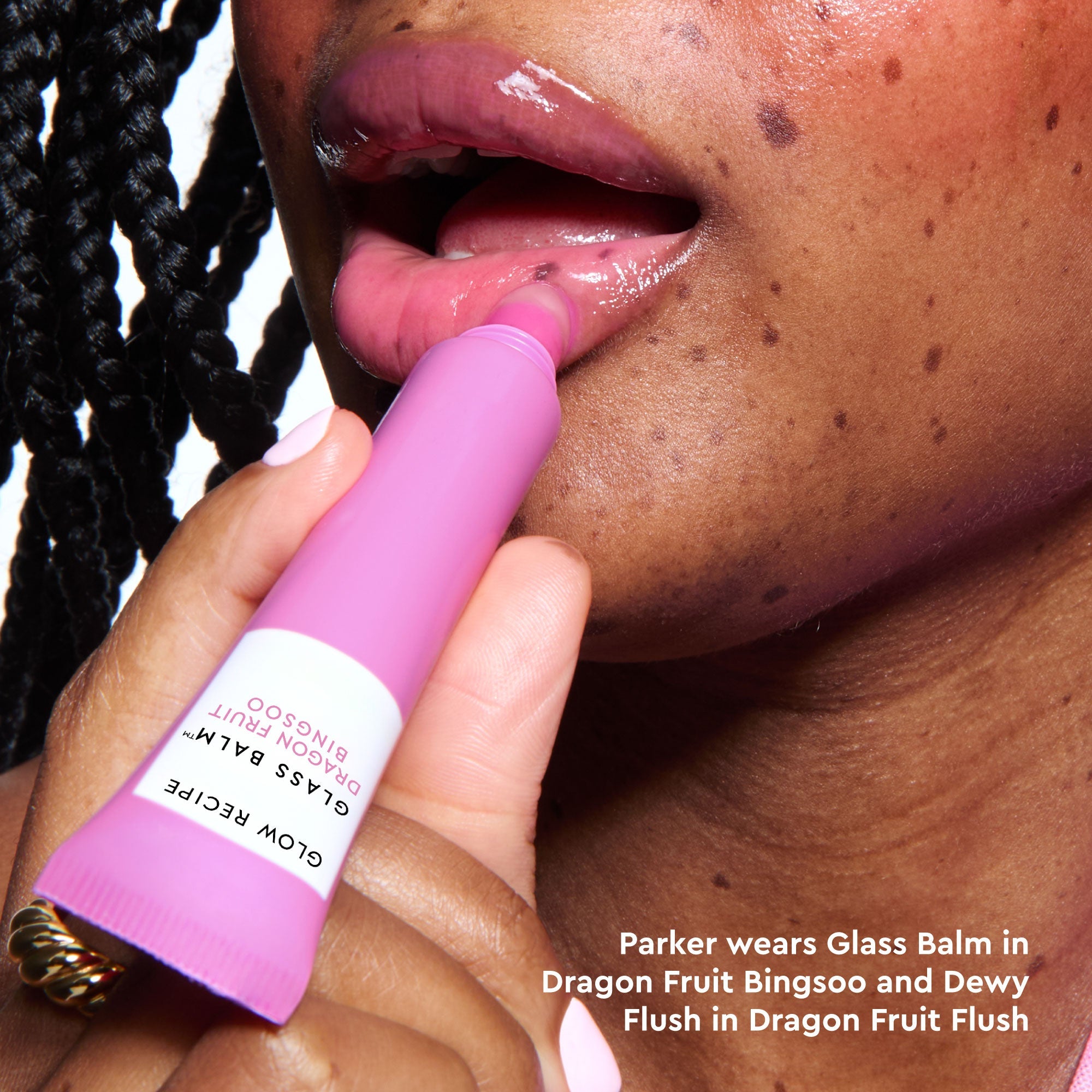 Second model close-up from a later shoot wearing Glass Balm in Dragon Fruit Bingsoo's bright pink tint.