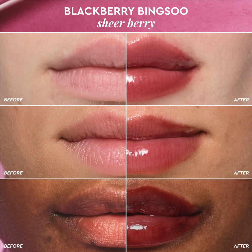 Before-and-after comparison graphic for lips wearing Glass Balm in Blackberry Bingsoo, a sheer berry shade.