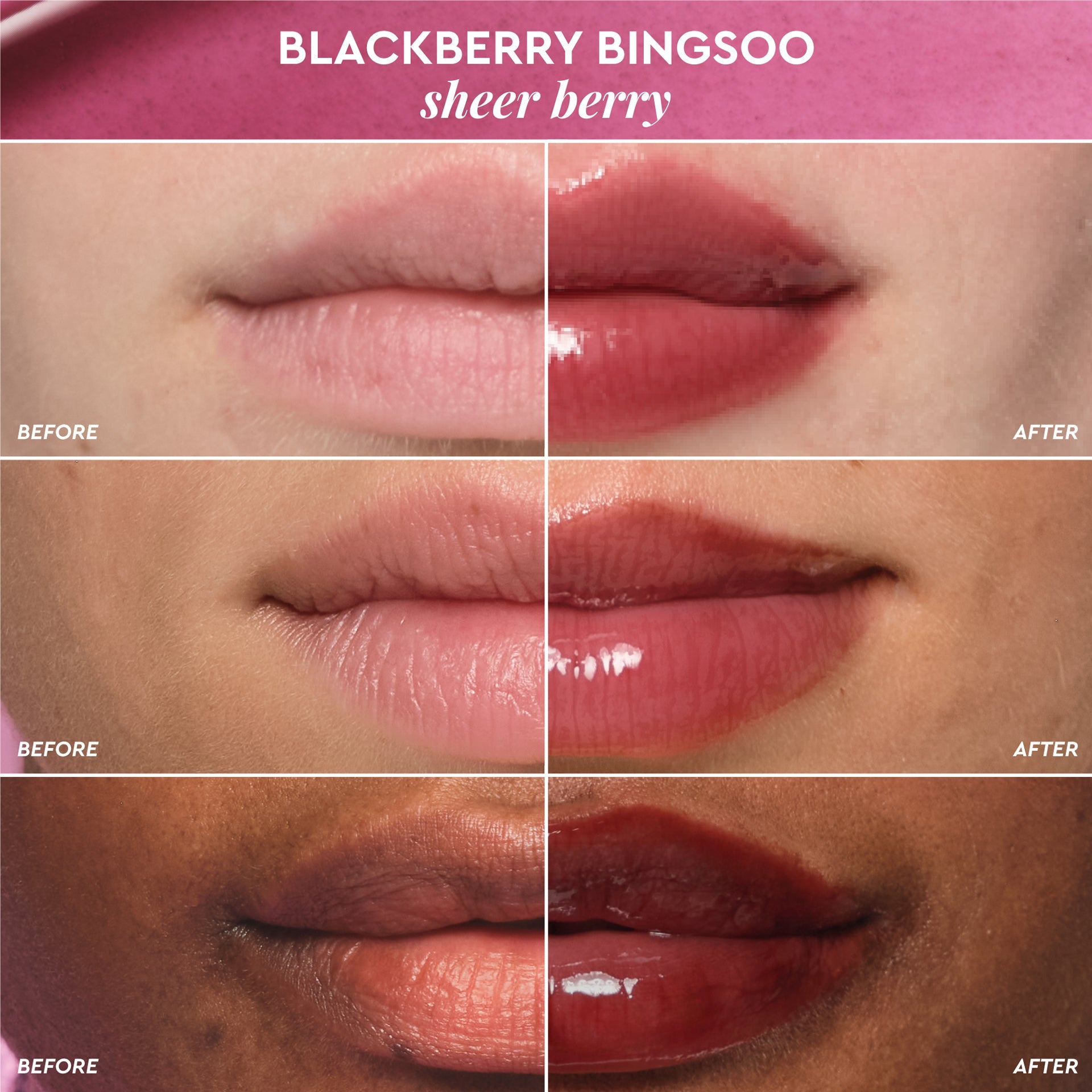 Before-and-after comparison graphic for lips wearing Glass Balm in Blackberry Bingsoo, a sheer berry shade.