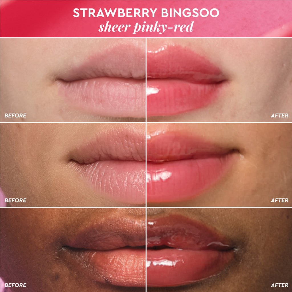 Before-and-after comparison graphic for lips wearing Glass Balm in Strawberry Bingsoo, a sheer pinky-red shade.