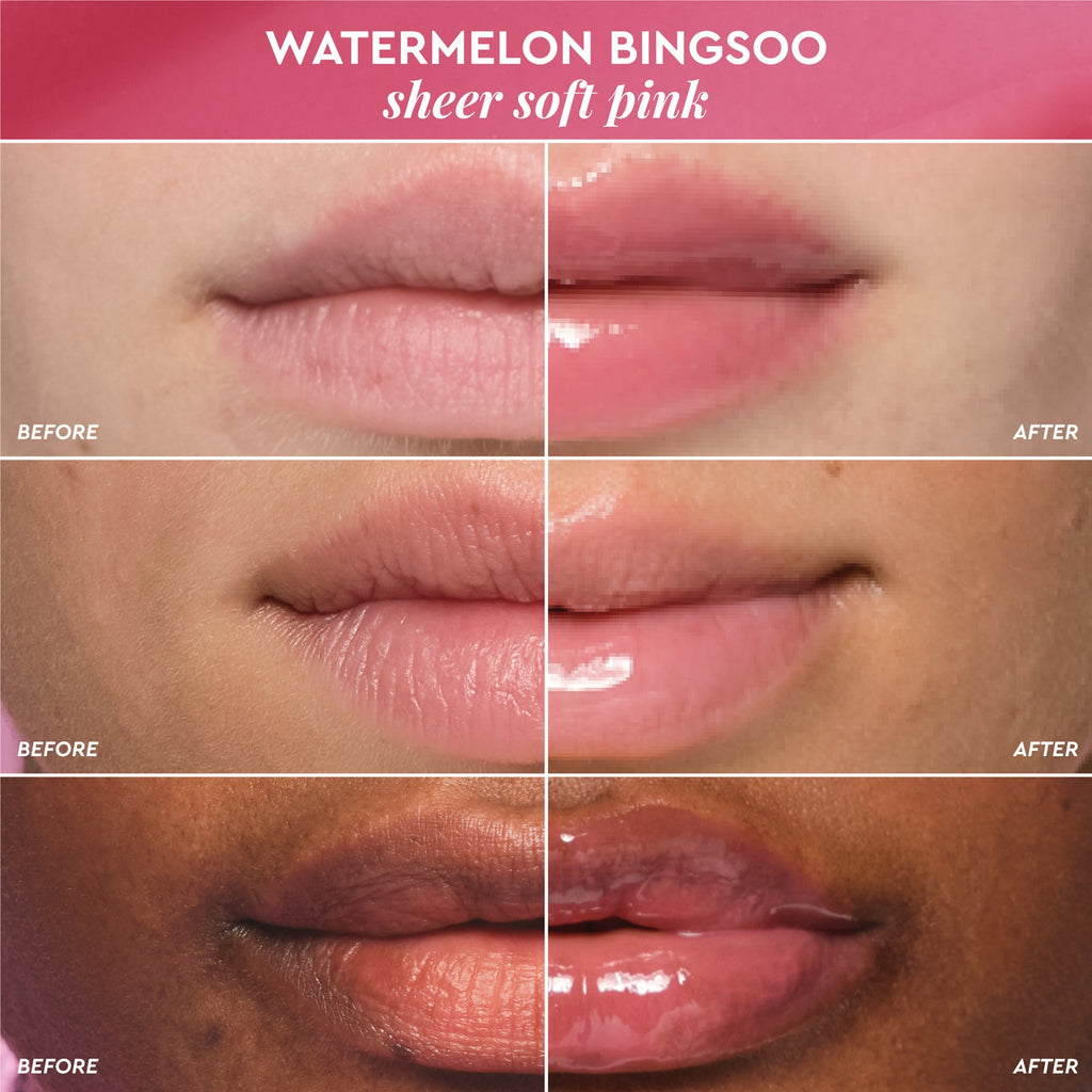 Before-and-after comparison graphic for lips wearing Glass Balm in Watermelon Bingsoo, a sheer soft pink shade.