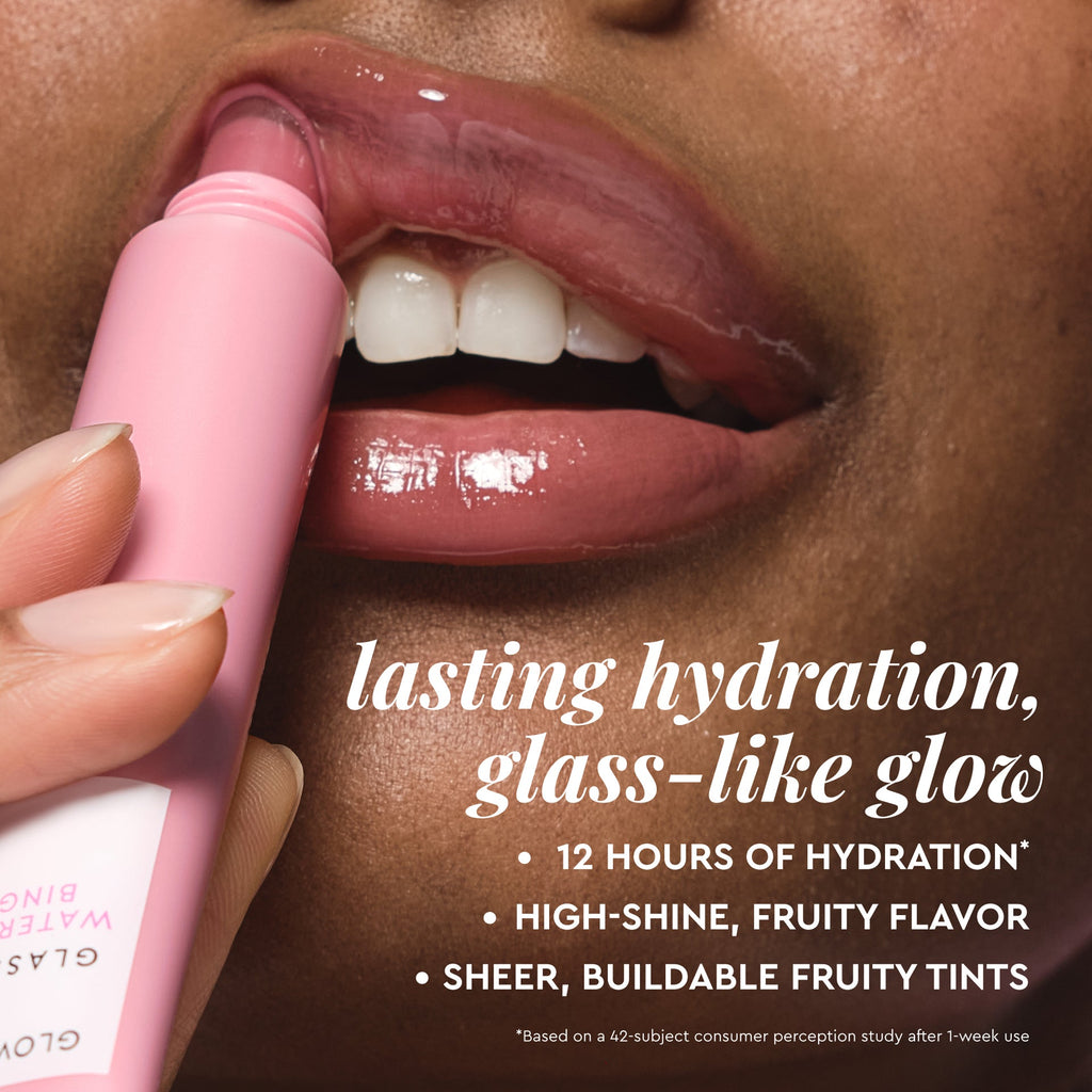 Claim infographic for Glass Balm in Watermelon Bingsoo listing its 12-hour hydration and glow benefits.