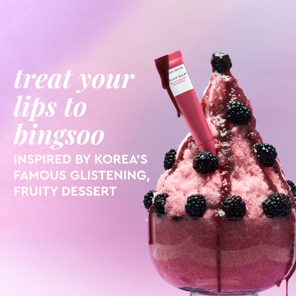 Second Bingsoo dessert-inspired graphic paired with Glass Balm in Blackberry Bingsoo's sheer berry tint.