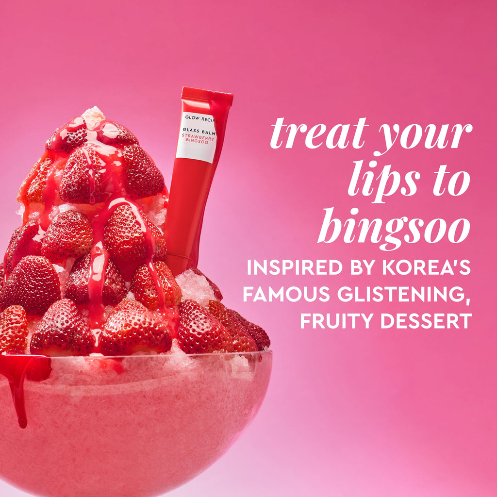Second Bingsoo dessert-inspired graphic paired with Glass Balm in Strawberry Bingsoo's sheer pinky-red tint.