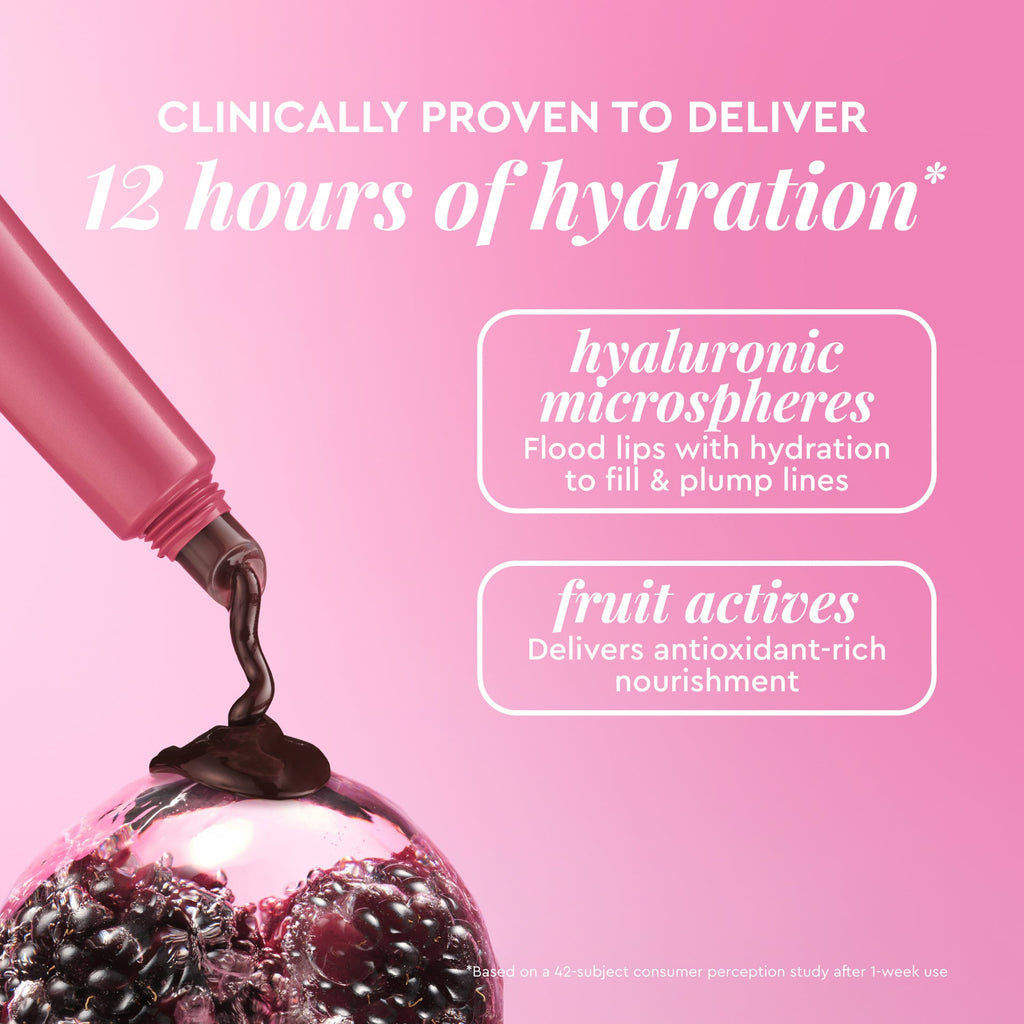 Ingredient callout graphic for Glass Balm in Blackberry Bingsoo highlighting the sheer berry tinted formula.