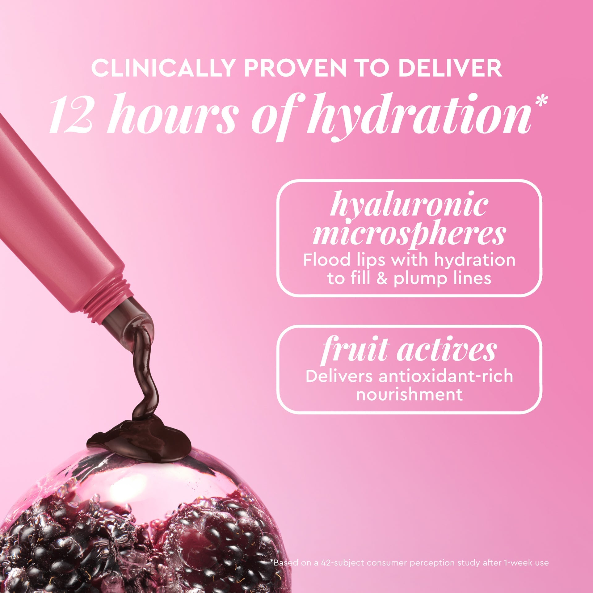 Ingredient callout graphic for Glass Balm in Blackberry Bingsoo highlighting the sheer berry tinted formula.