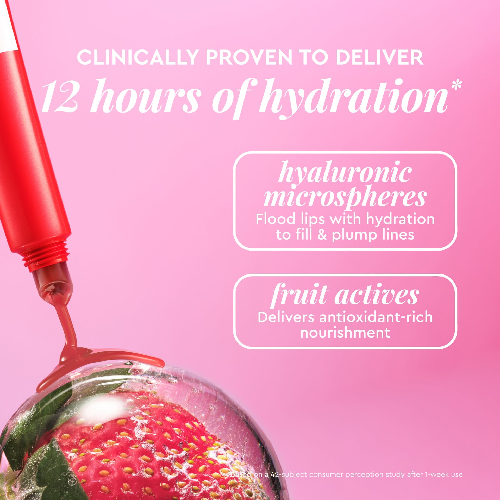 Ingredient callout graphic for Glass Balm in Strawberry Bingsoo highlighting the sheer pinky-red tinted formula.