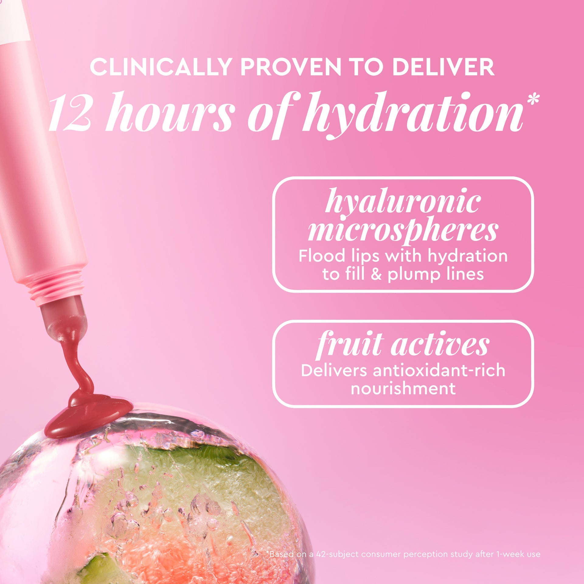 Ingredient callout graphic for Glass Balm in Watermelon Bingsoo highlighting the sheer soft-pink tinted formula.