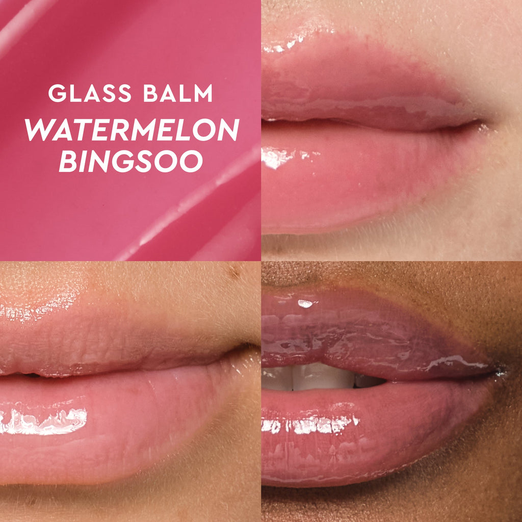 Shade grid graphic showing the Watermelon Bingsoo swatch alongside the Glass Balm tube for reference.