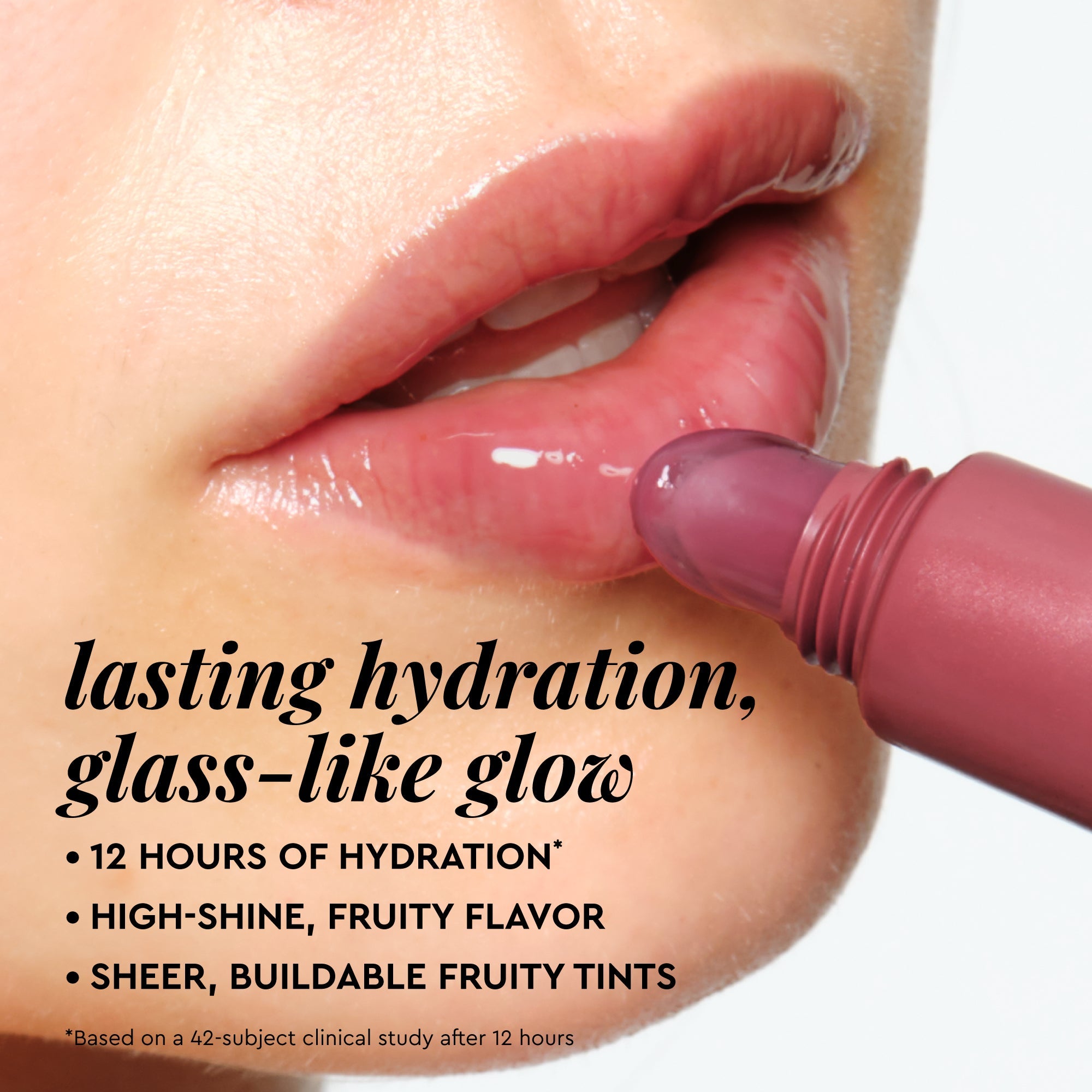 Benefit infographic for Glass Balm in Fig Bingsoo detailing lip-smoothing and moisture-locking results.