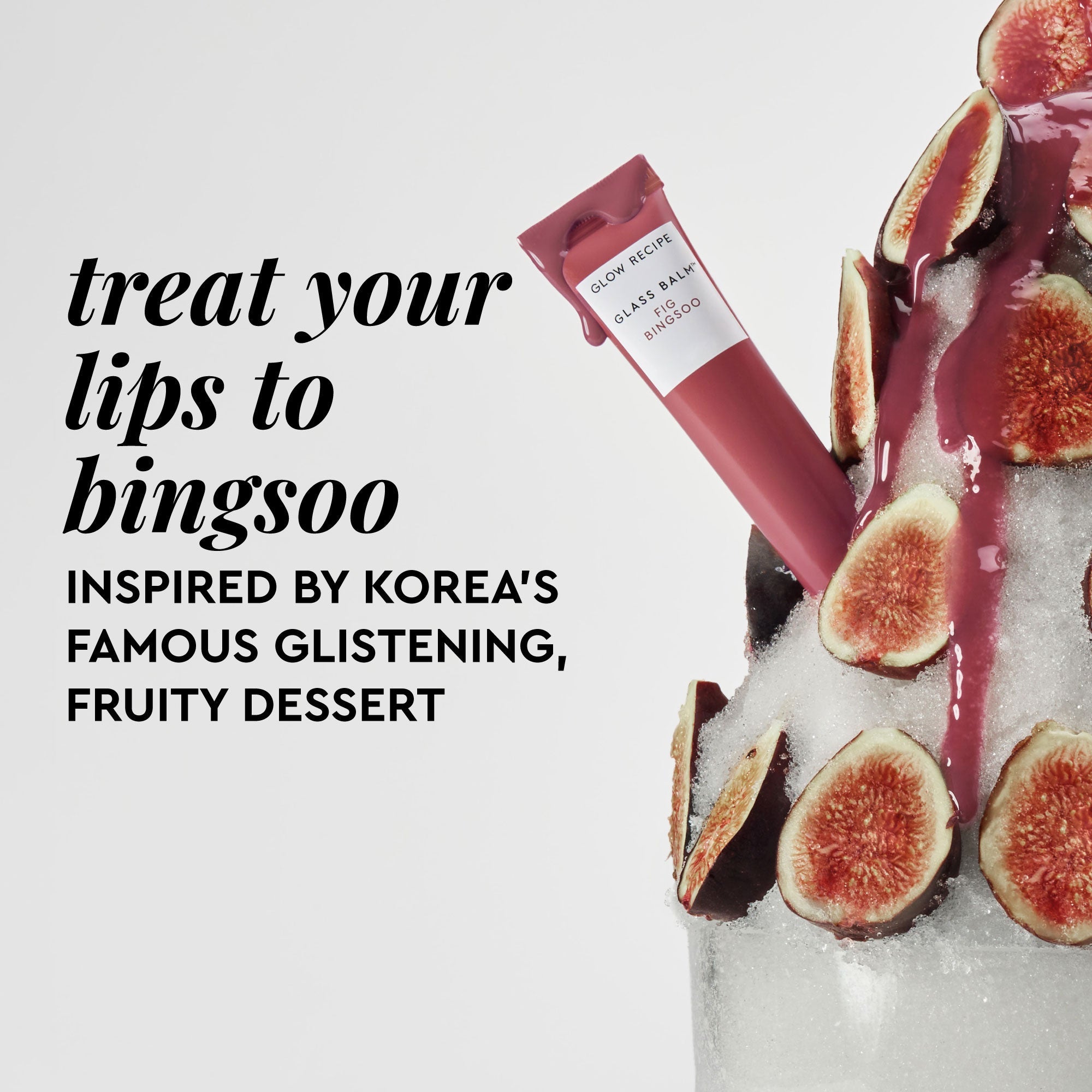 Bingsoo dessert-inspired graphic paired with Glass Balm in Fig Bingsoo, the sheer mauve-nude tinted balm.