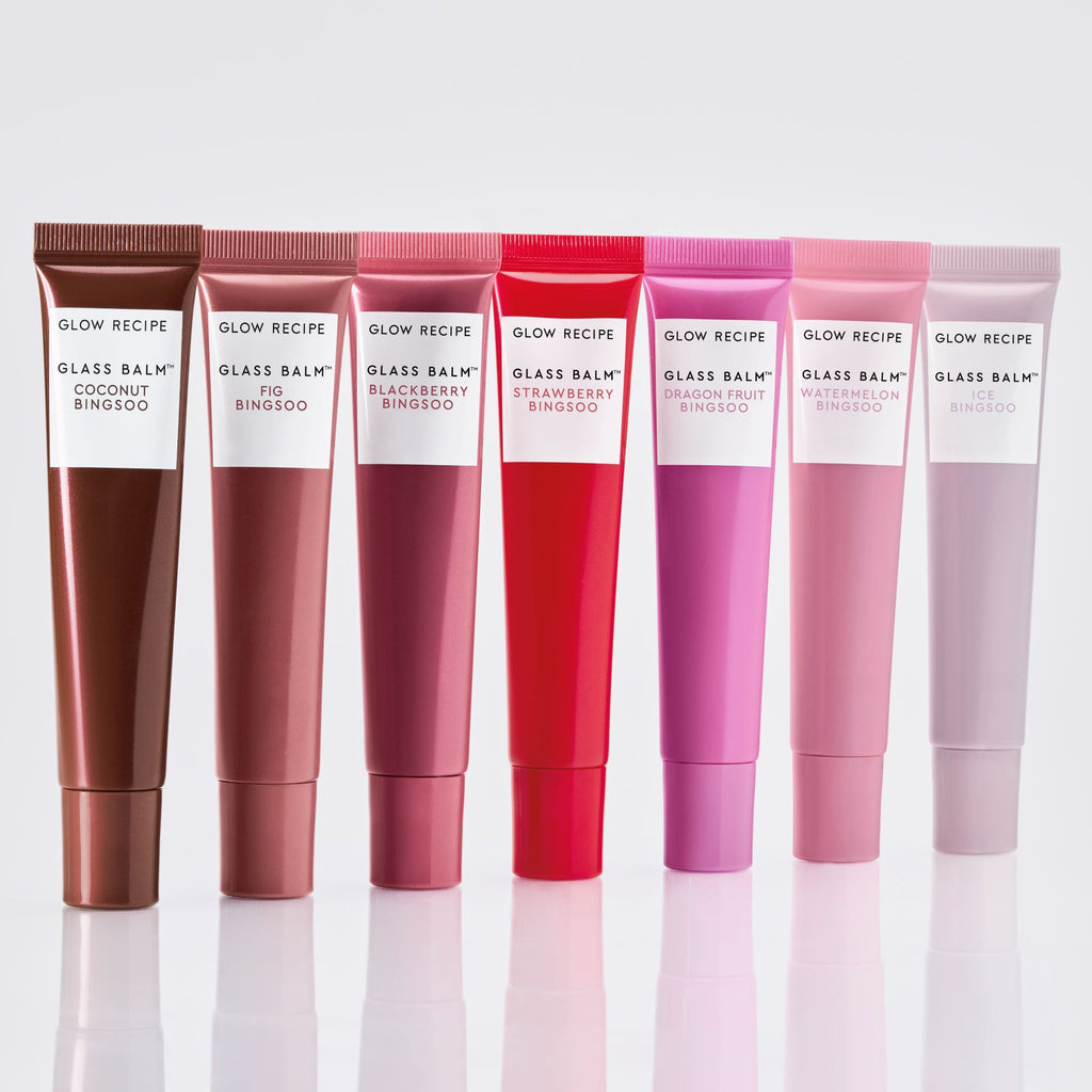 Glow Recipe Glass Balm Lip Treatment full assortment lineup shown in the sheer mauve nude shade Fig Bingsoo.