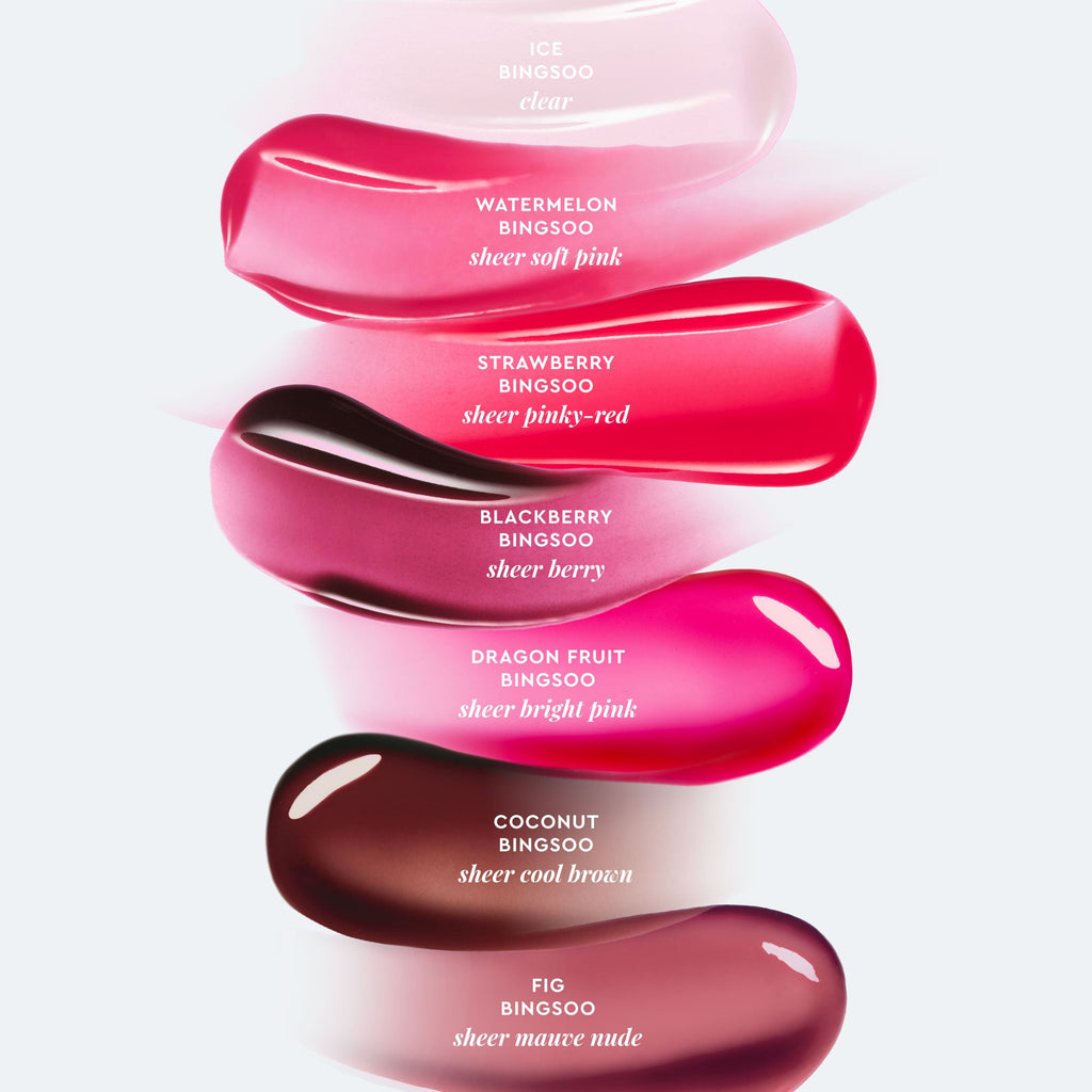 Glow Recipe Glass Balm Lip Treatment swatch infographic showing the sheer, juicy tint of Fig Bingsoo (Sheer Mauve Nude).