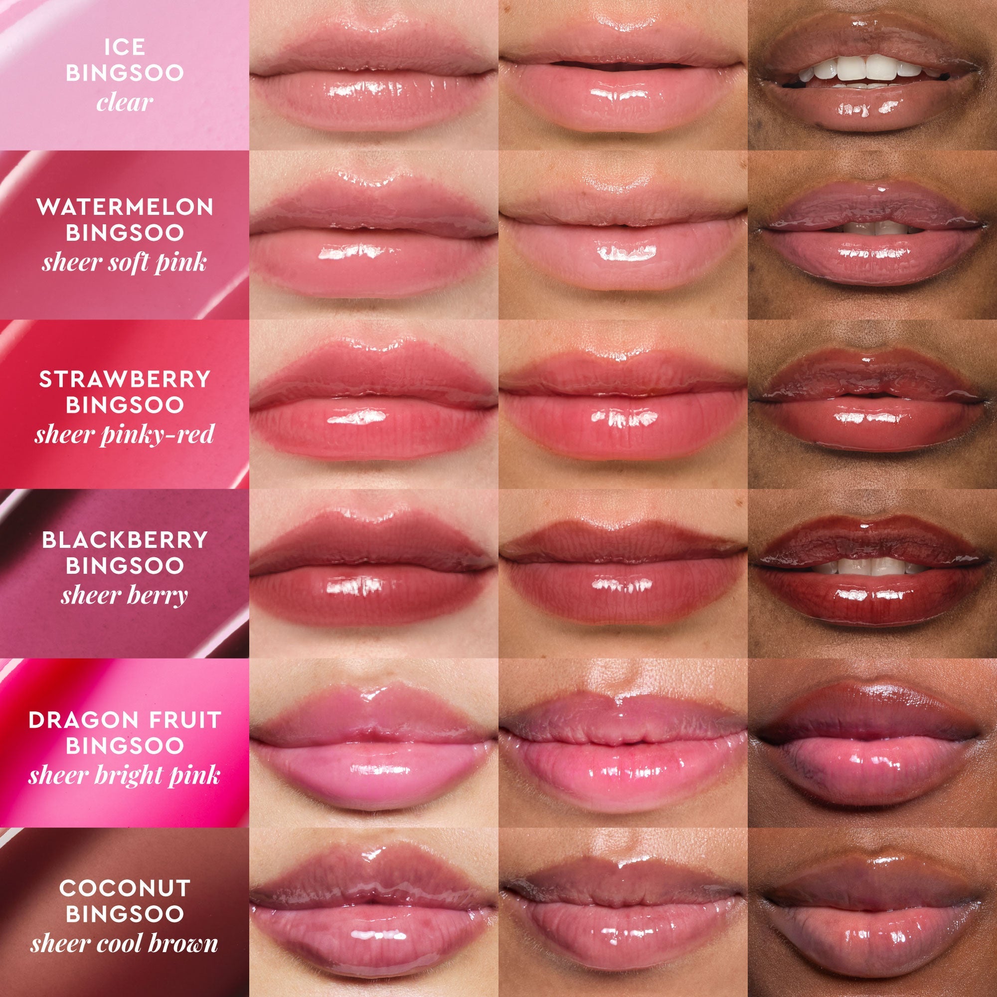 Glow Recipe Glass Balm Lip Treatment shade range grid displaying all seven Bingsoo-inspired lip tints.