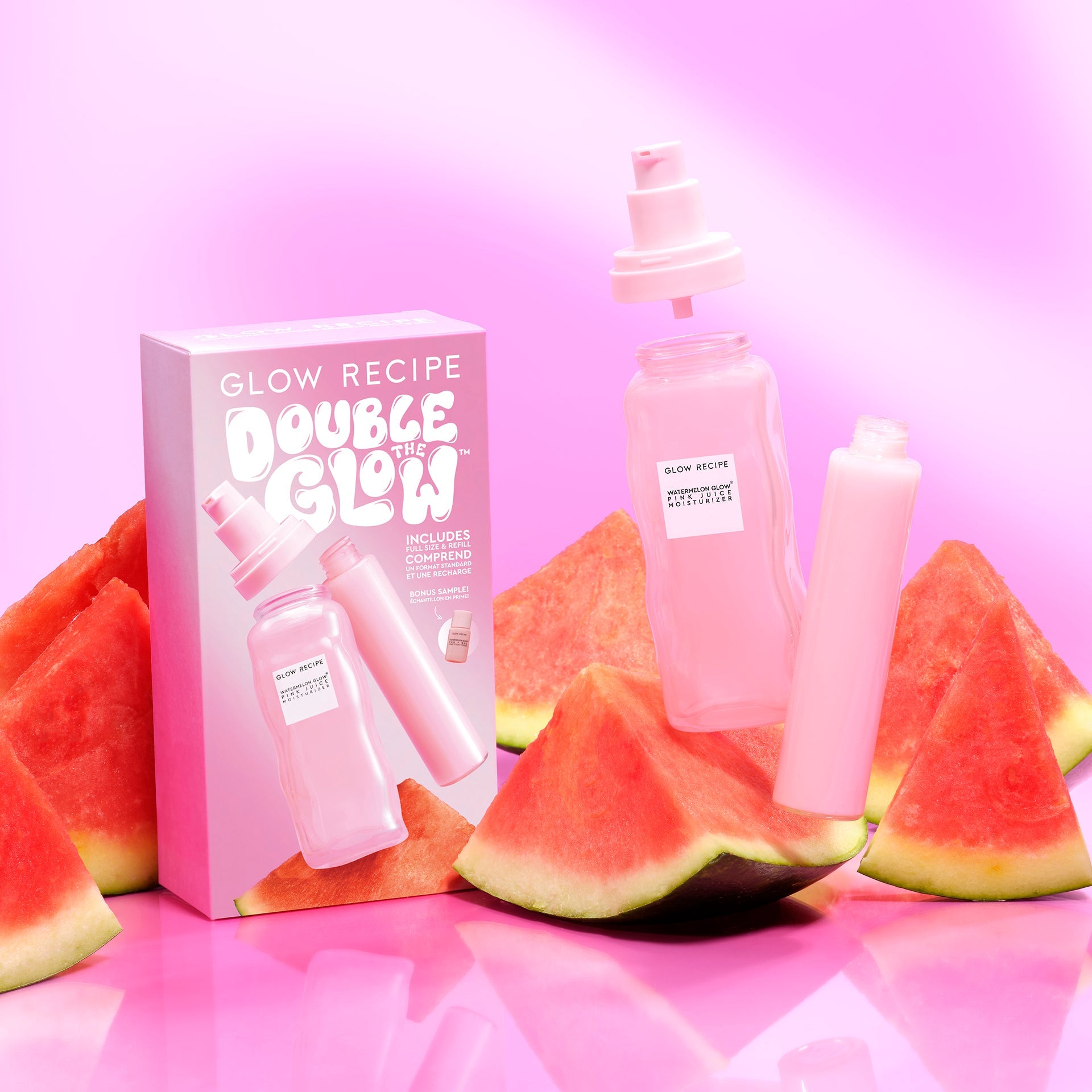 Glow Recipe Double the Glow skincare set with watermelon slices on a pink background
