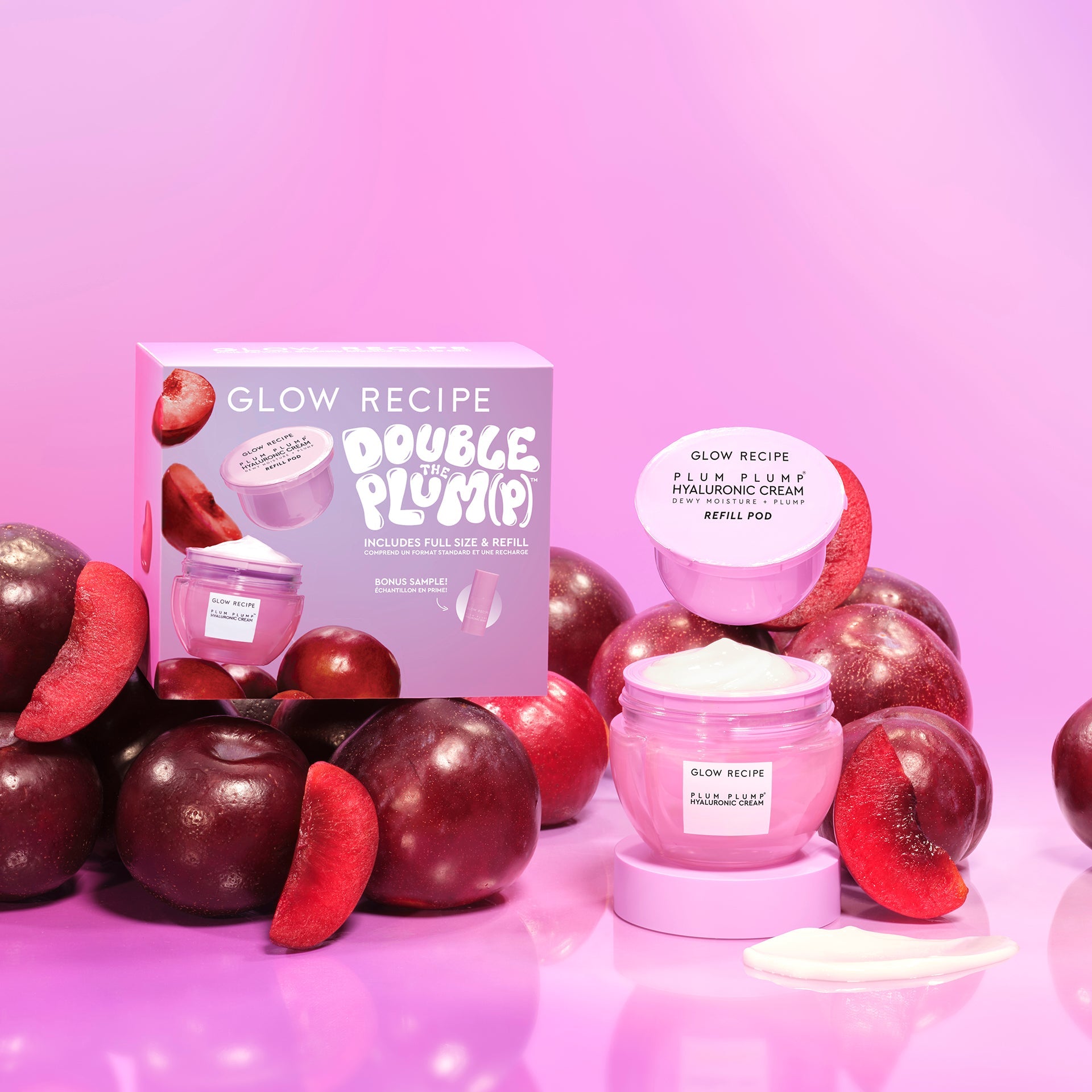 Glow Recipe Double the Plum(p) Kit with Plum Plump Cream, refill pod, and serum sample