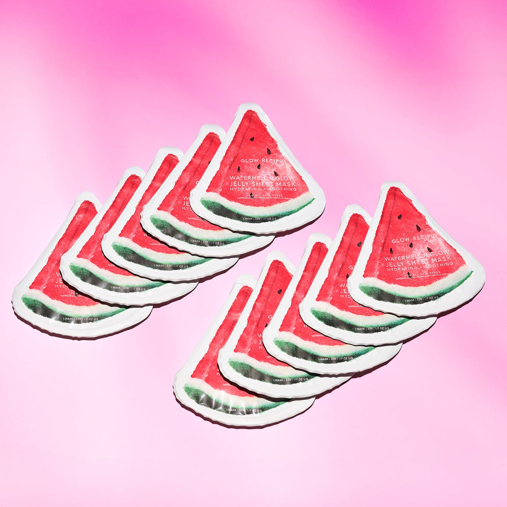 Bundle of 10 Watermelon Glow Jelly Sheet Masks packaged together for Glow Recipe's limited-edition hydrating treatment.