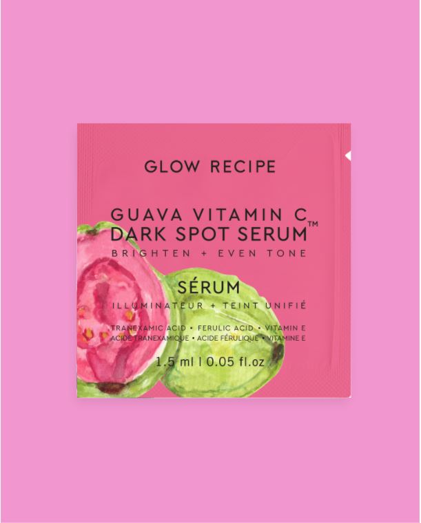 Glow Recipe Guava Vitamin C Dark Spot Serum packaging on a pink background