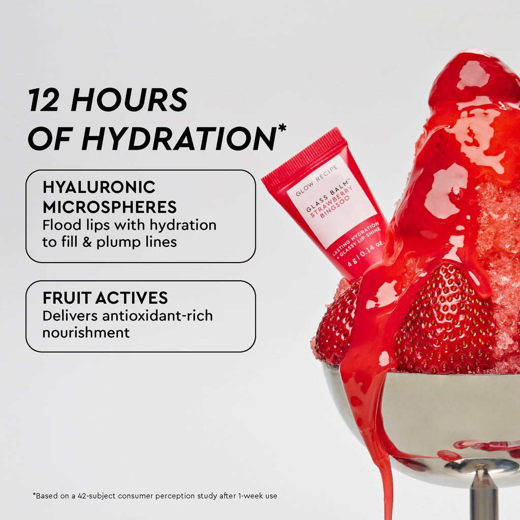 Glow Recipe Best of Dew & Hues Kit infographic detailing ingredients in the Strawberry Bingsoo Glass Balm